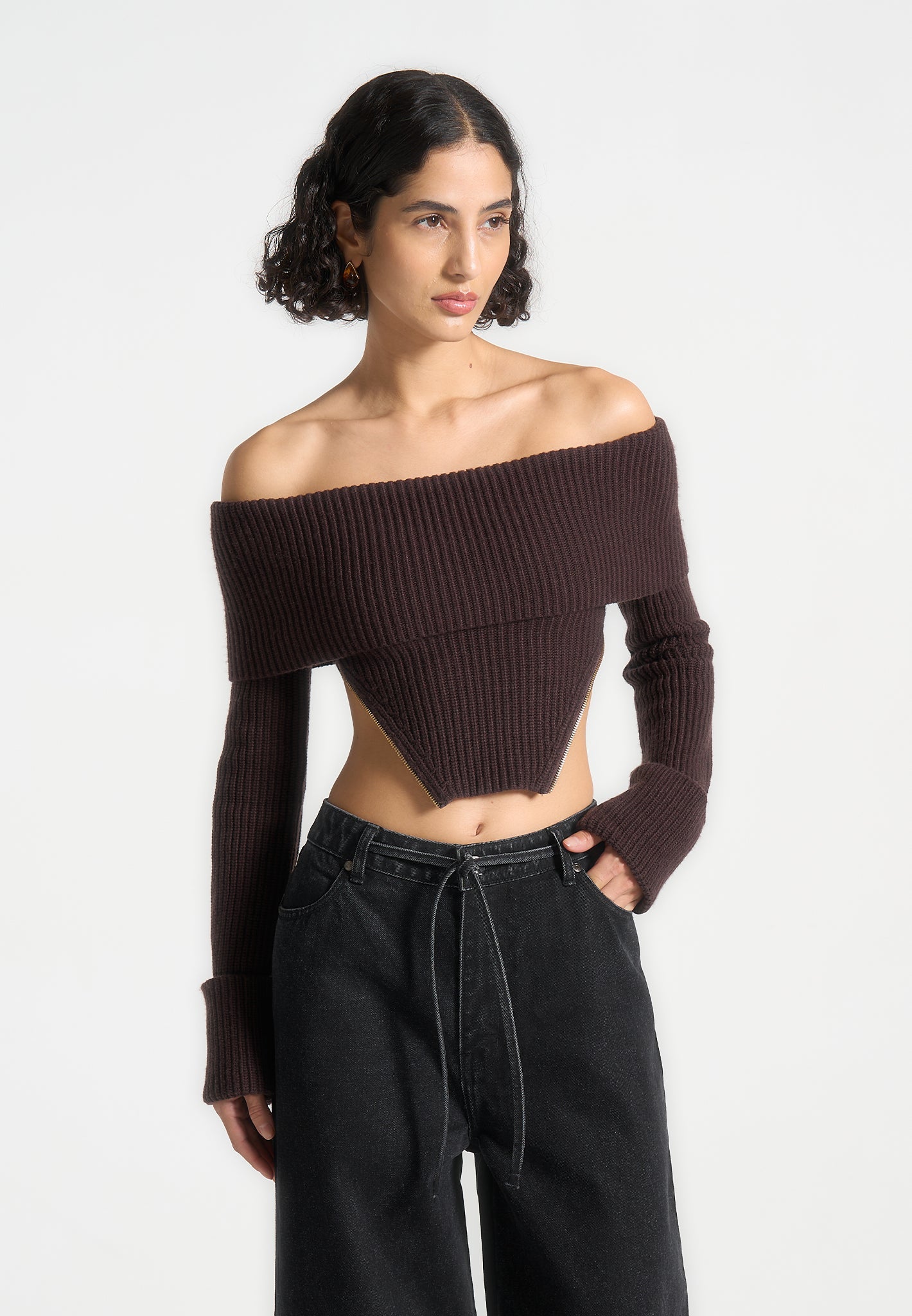 Bandeau-Top aus Strick mit Reißverschlussdetail - Braun