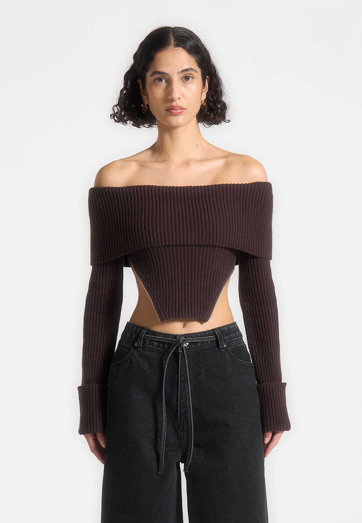 Bandeau-Top aus Strick mit Reißverschlussdetail - Braun