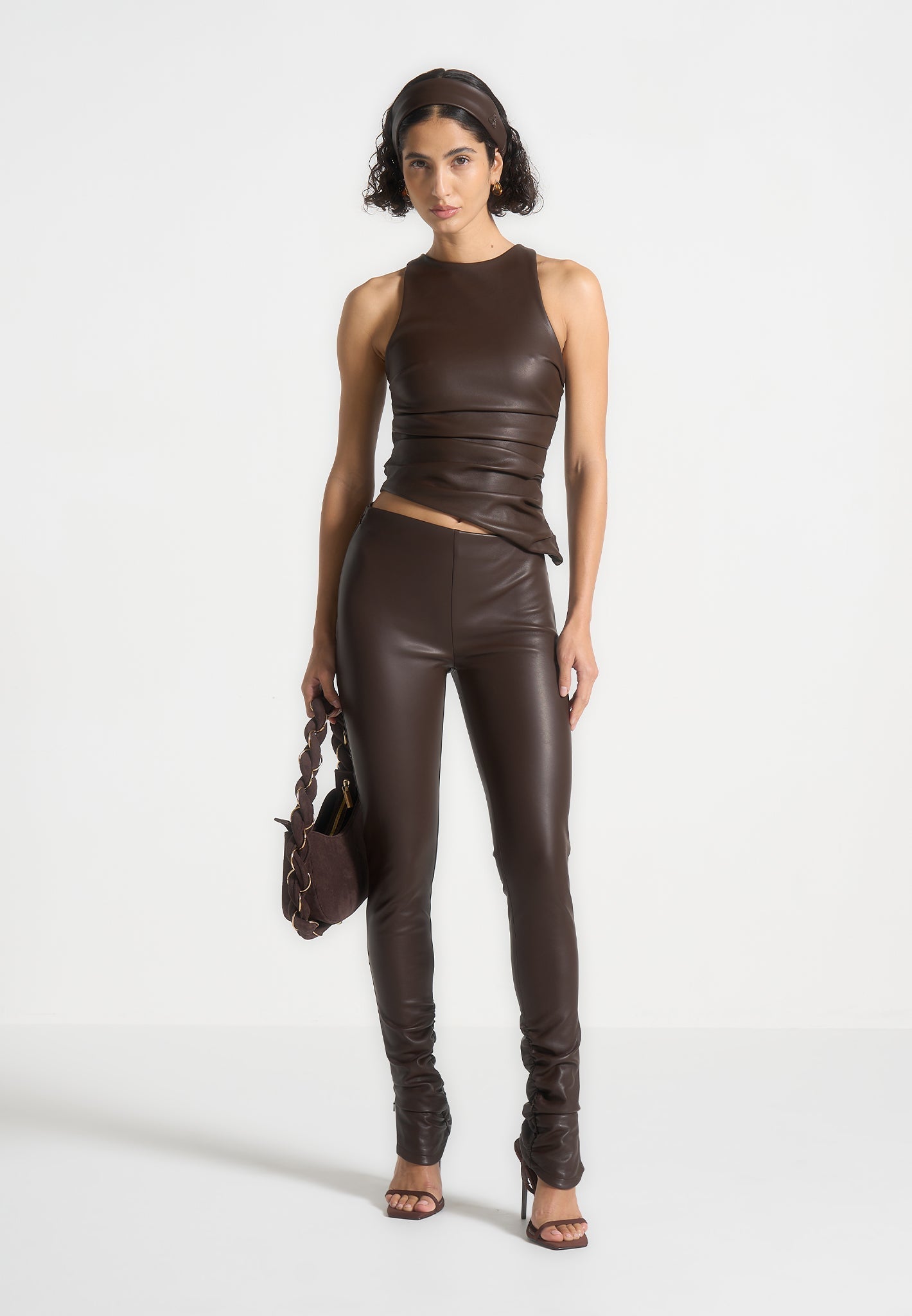Leggings aus Leder mit abgewinkeltem Bund - Braun