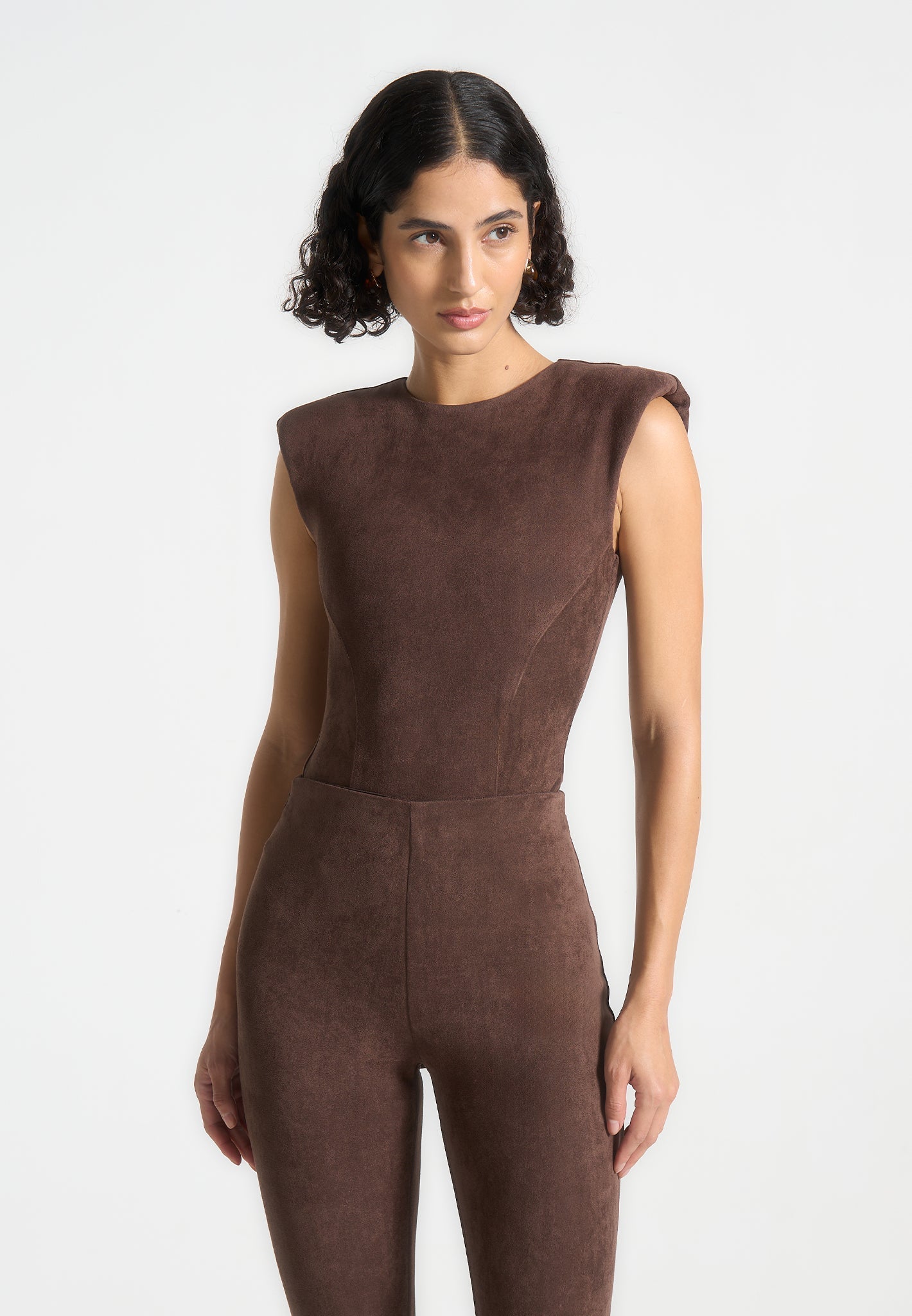 Wildleder-Bodysuit mit weiten Schultern - Braun