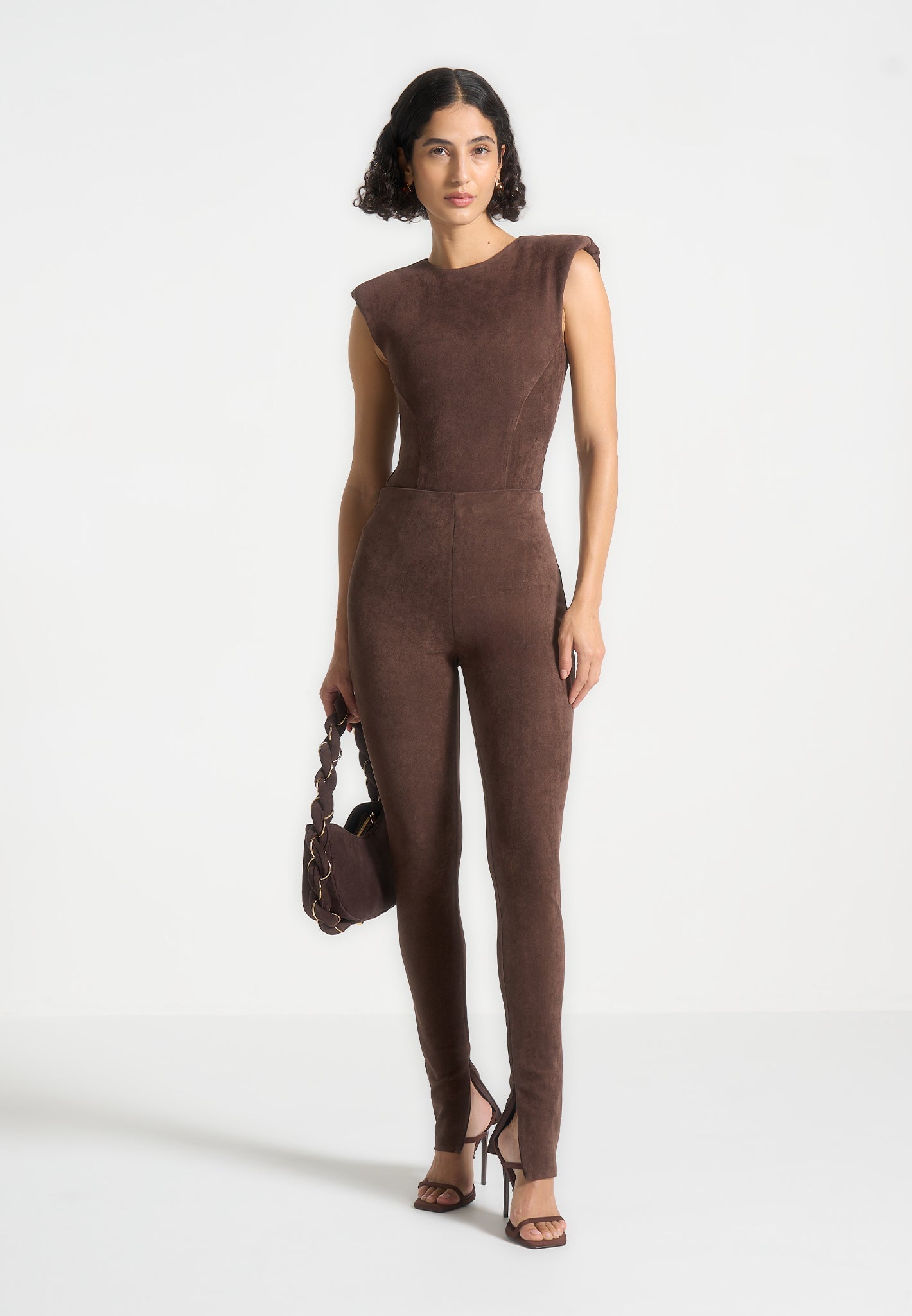 Wildleder-Bodysuit mit weiten Schultern - Braun