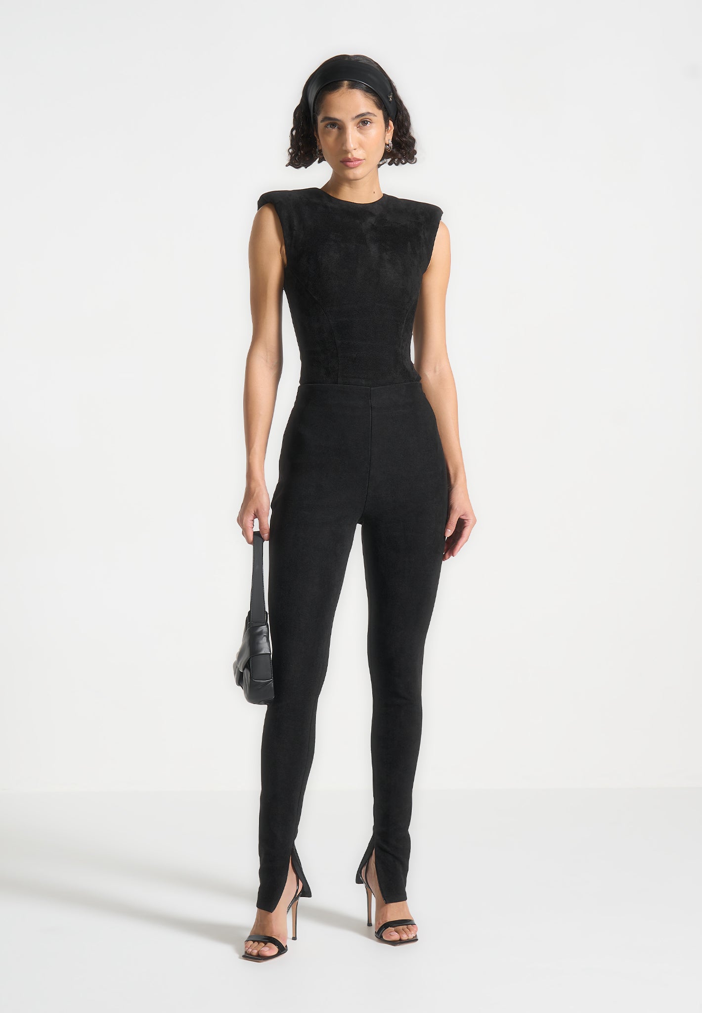 Wildleder-Bodysuit mit weiten Schultern - Schwarz
