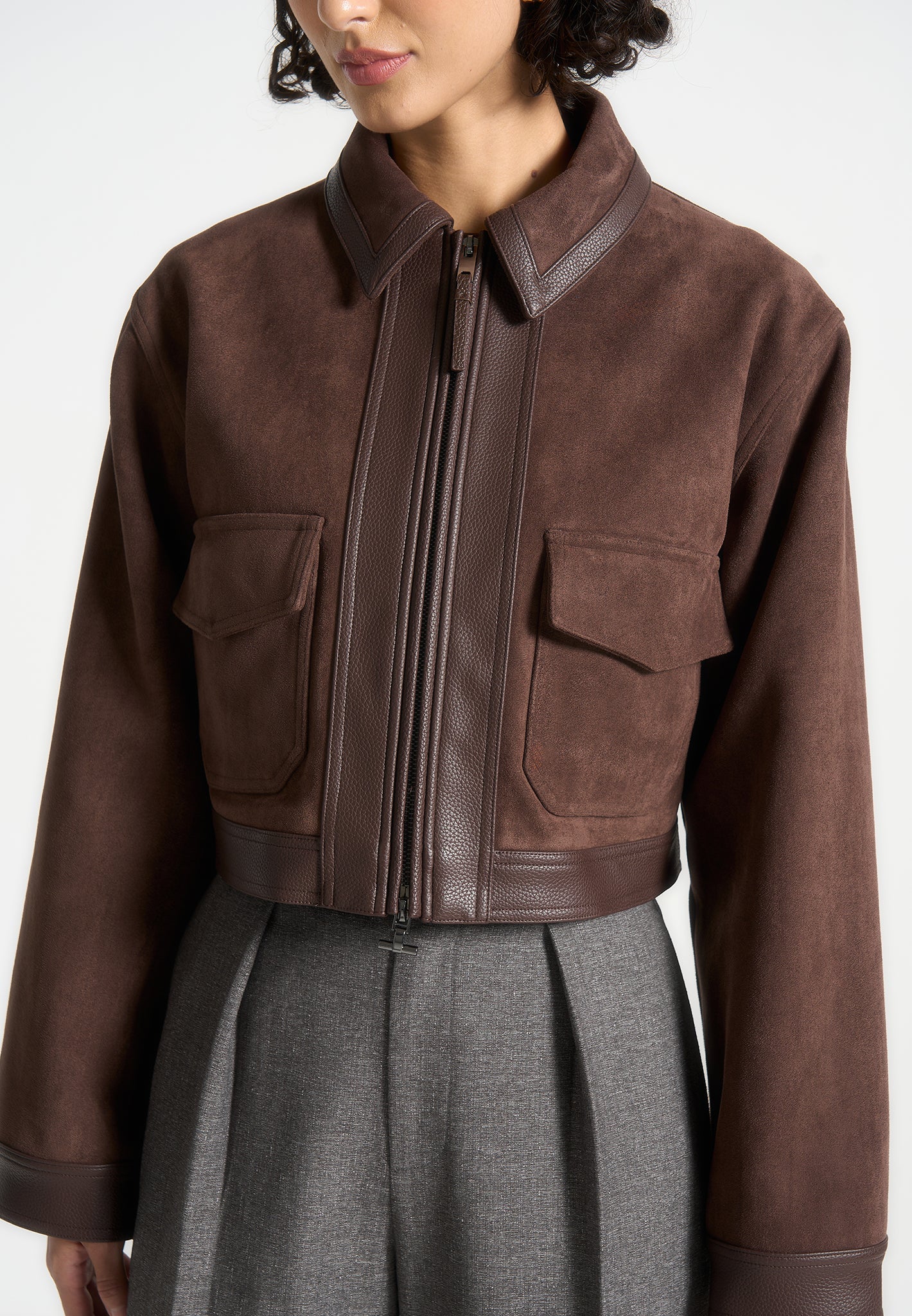 Jacke aus Wildleder und gekrispeltem Leder - Braun