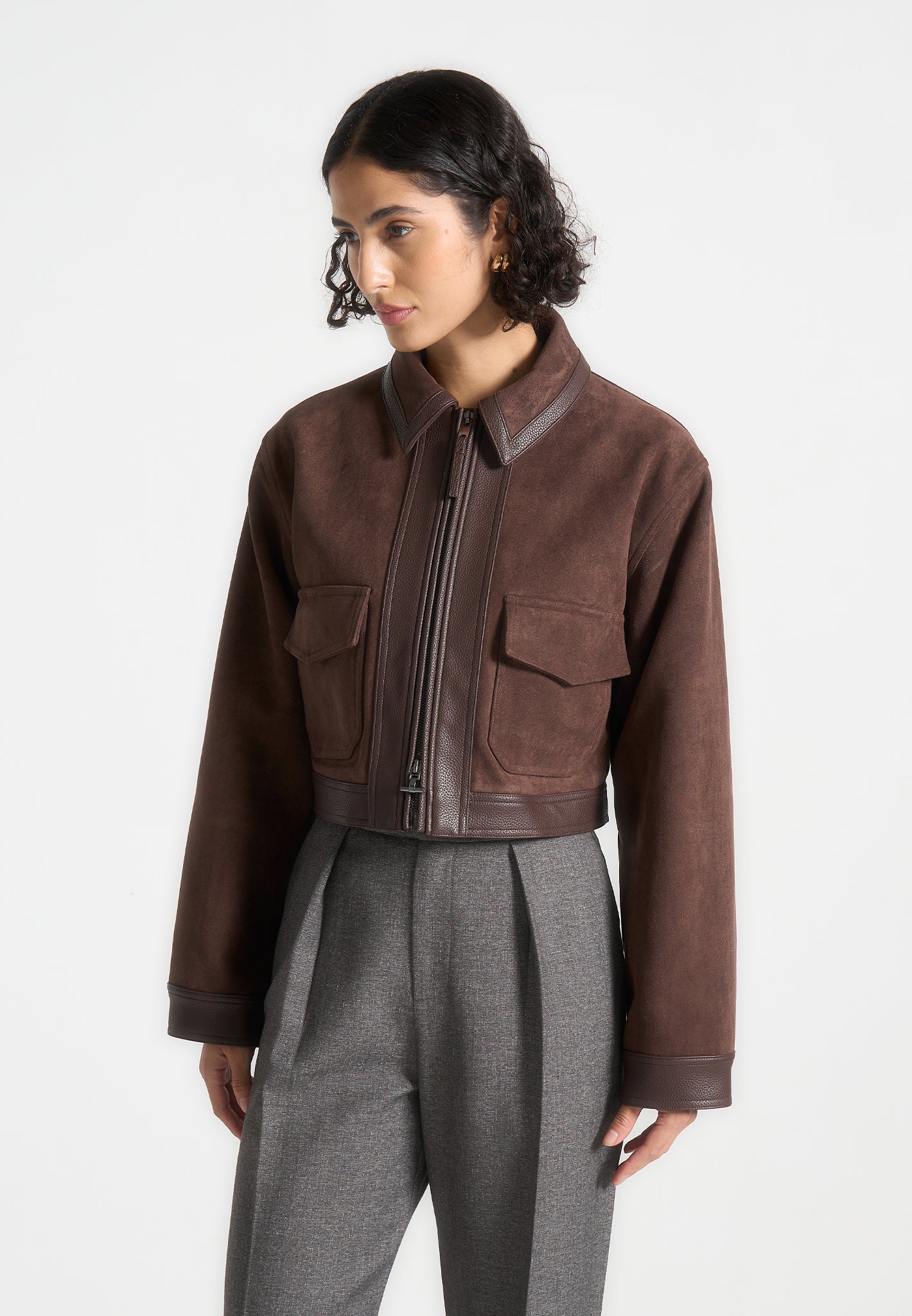 Jacke aus Wildleder und gekrispeltem Leder - Braun