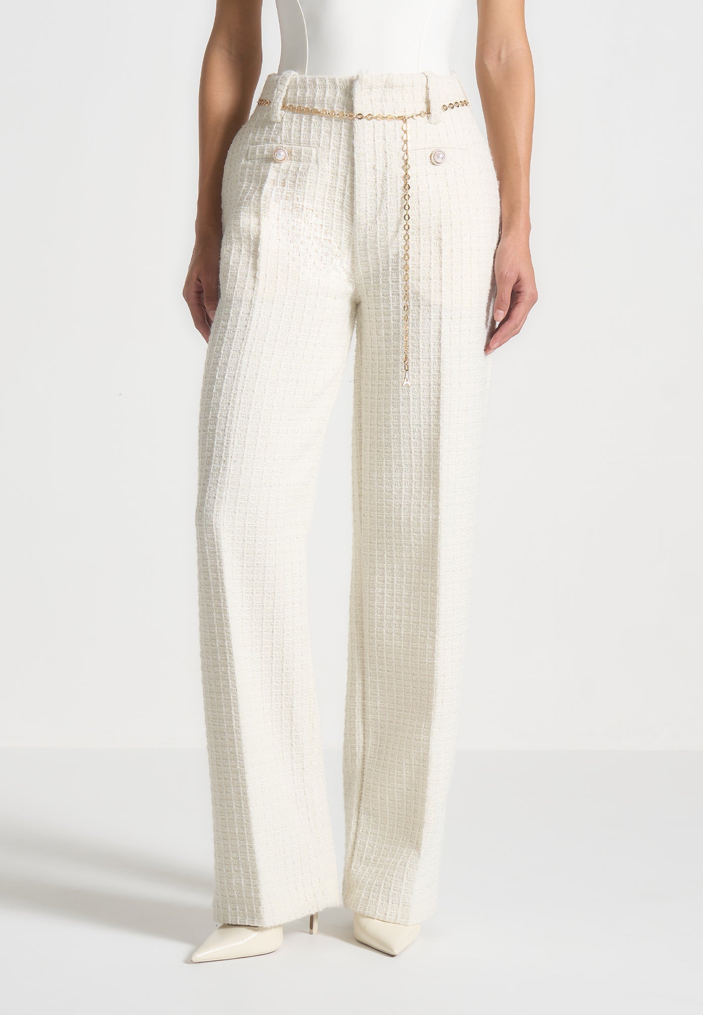 Tweedhose mit Gürtel - Creme