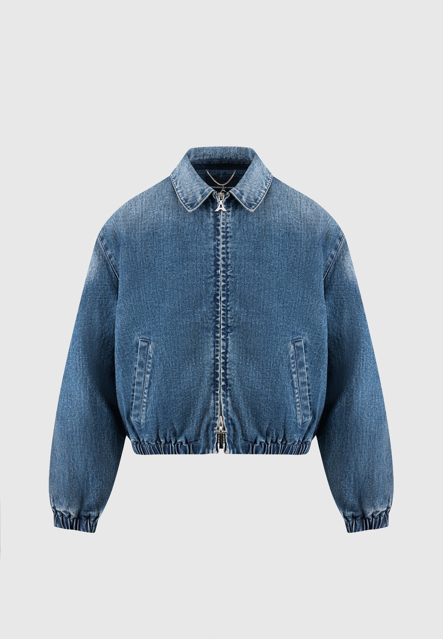 Gepolsterte, kurze Bomberjacke aus Denim - Mittelblau