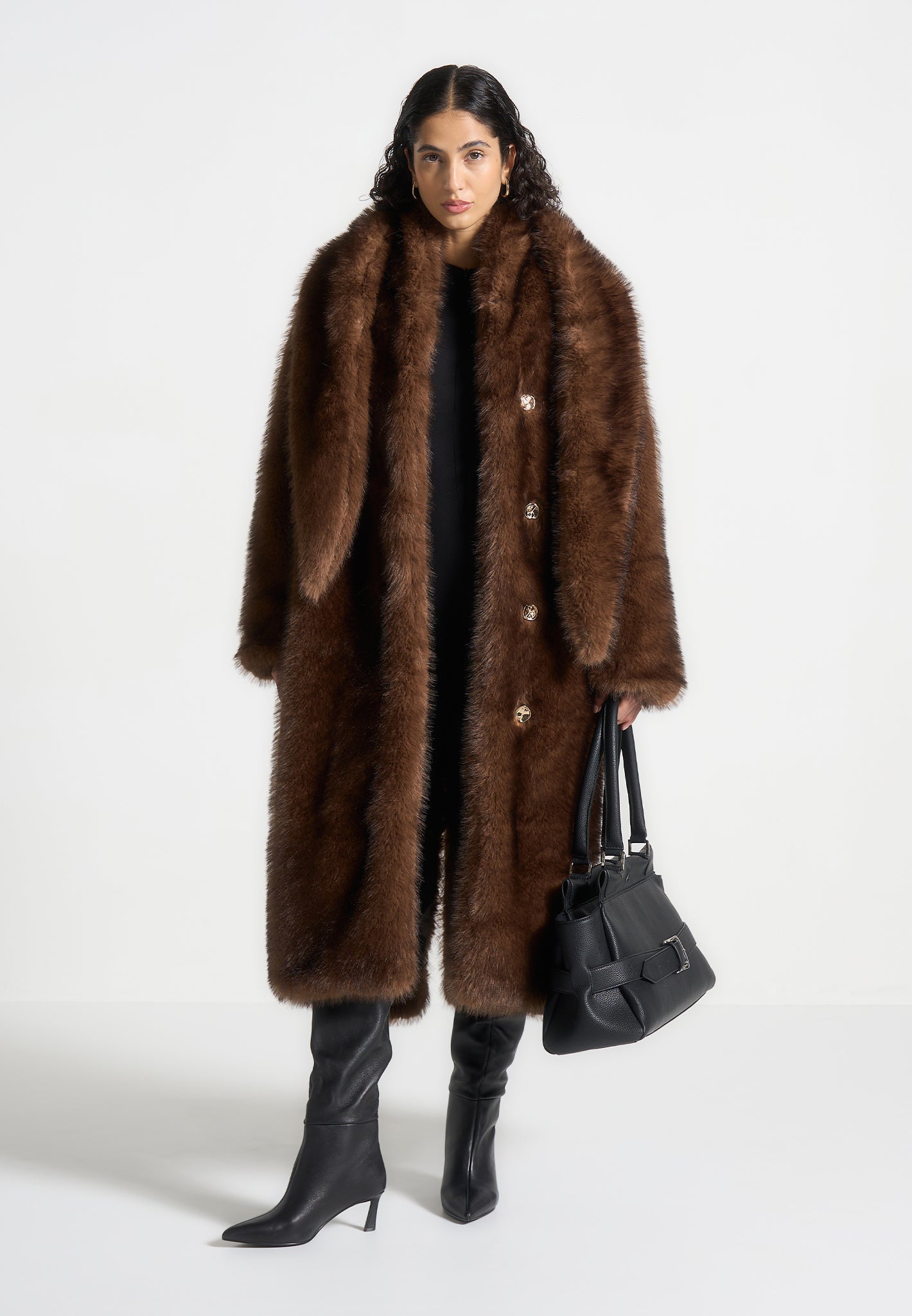 Pelz-Oversize-Mantel mit Schal - Braun