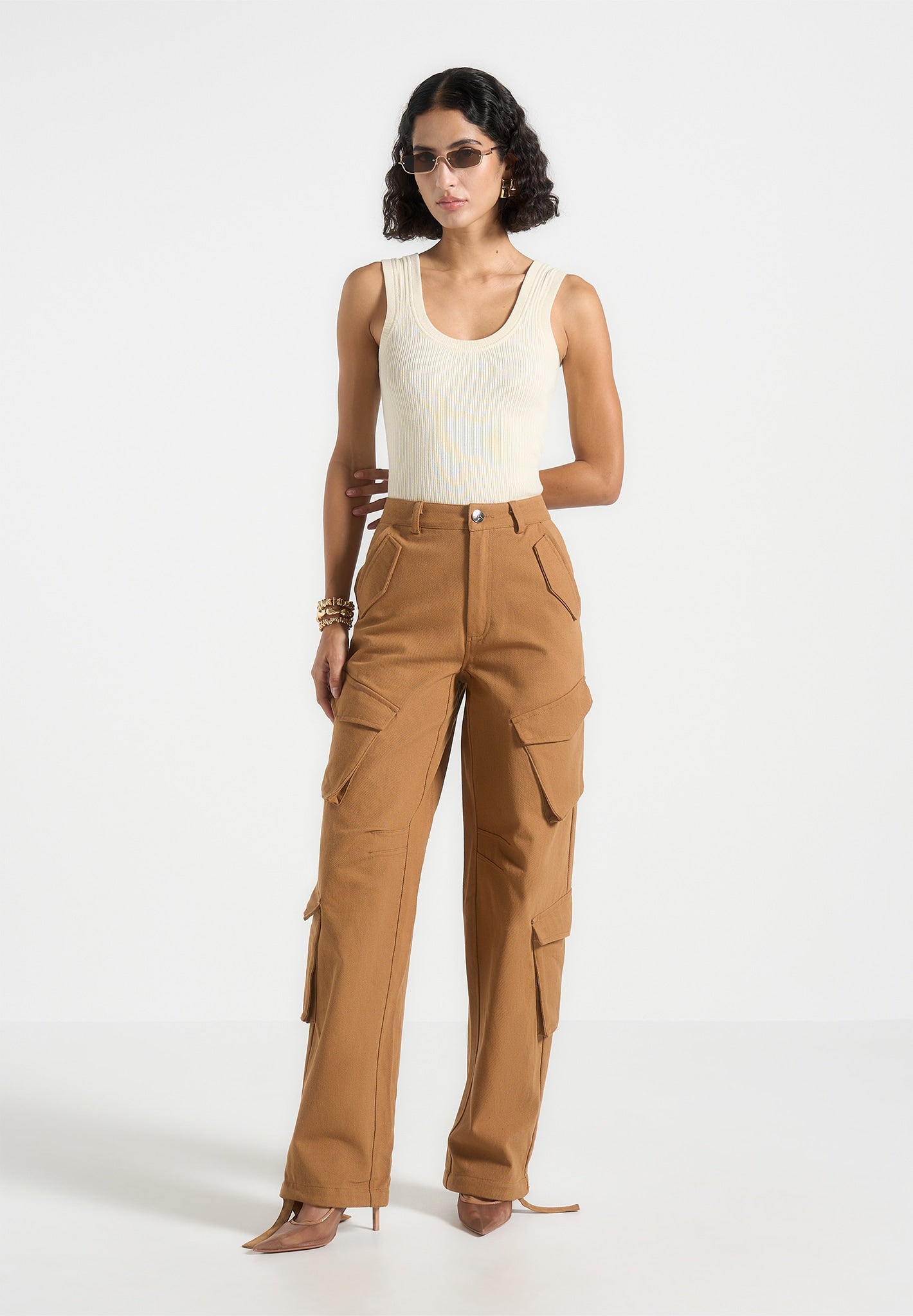 Cargohose mit hoher Taille - Hellbraun