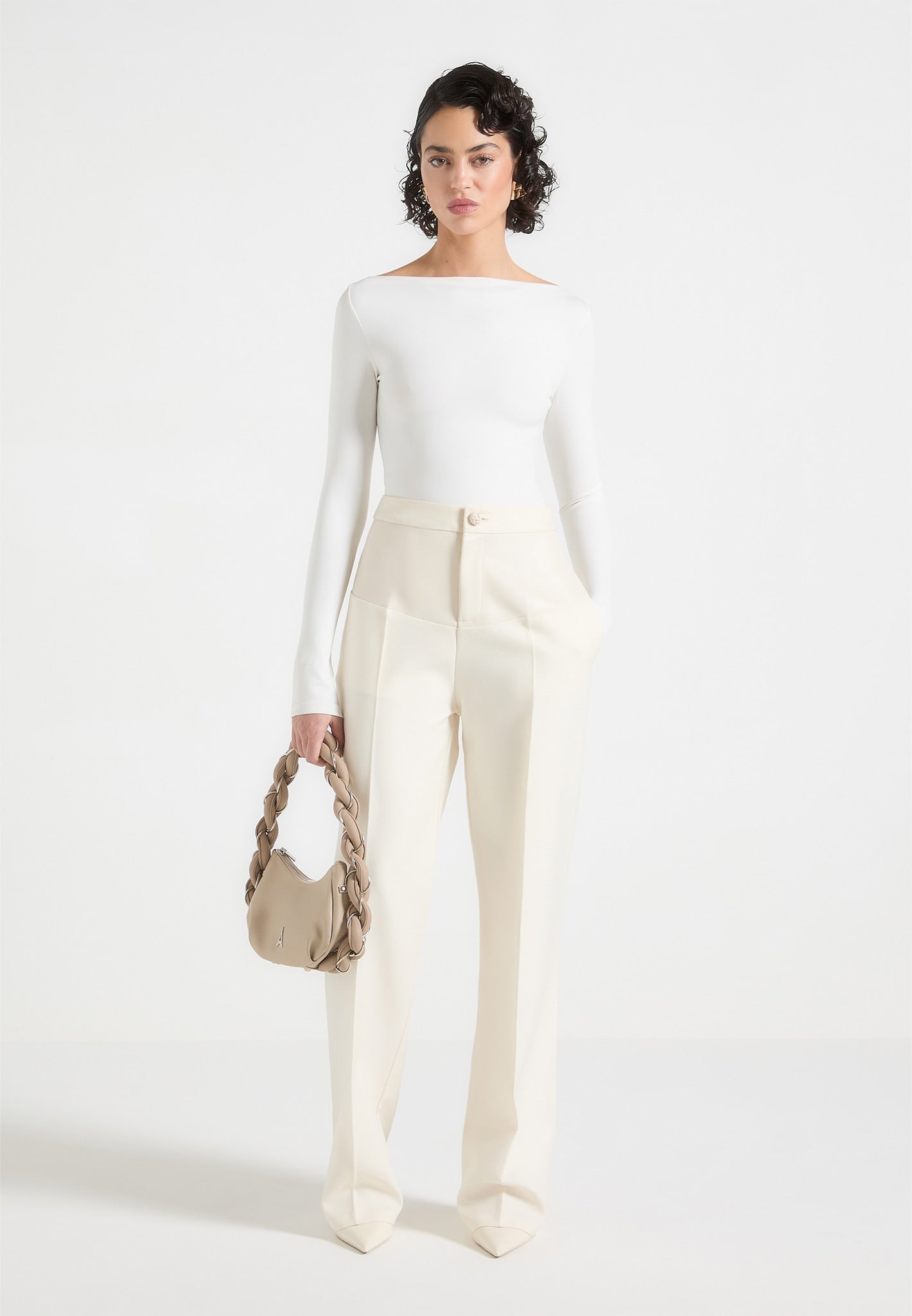 Maßgeschneiderte Hose mit Ledereinsätzen - Creme