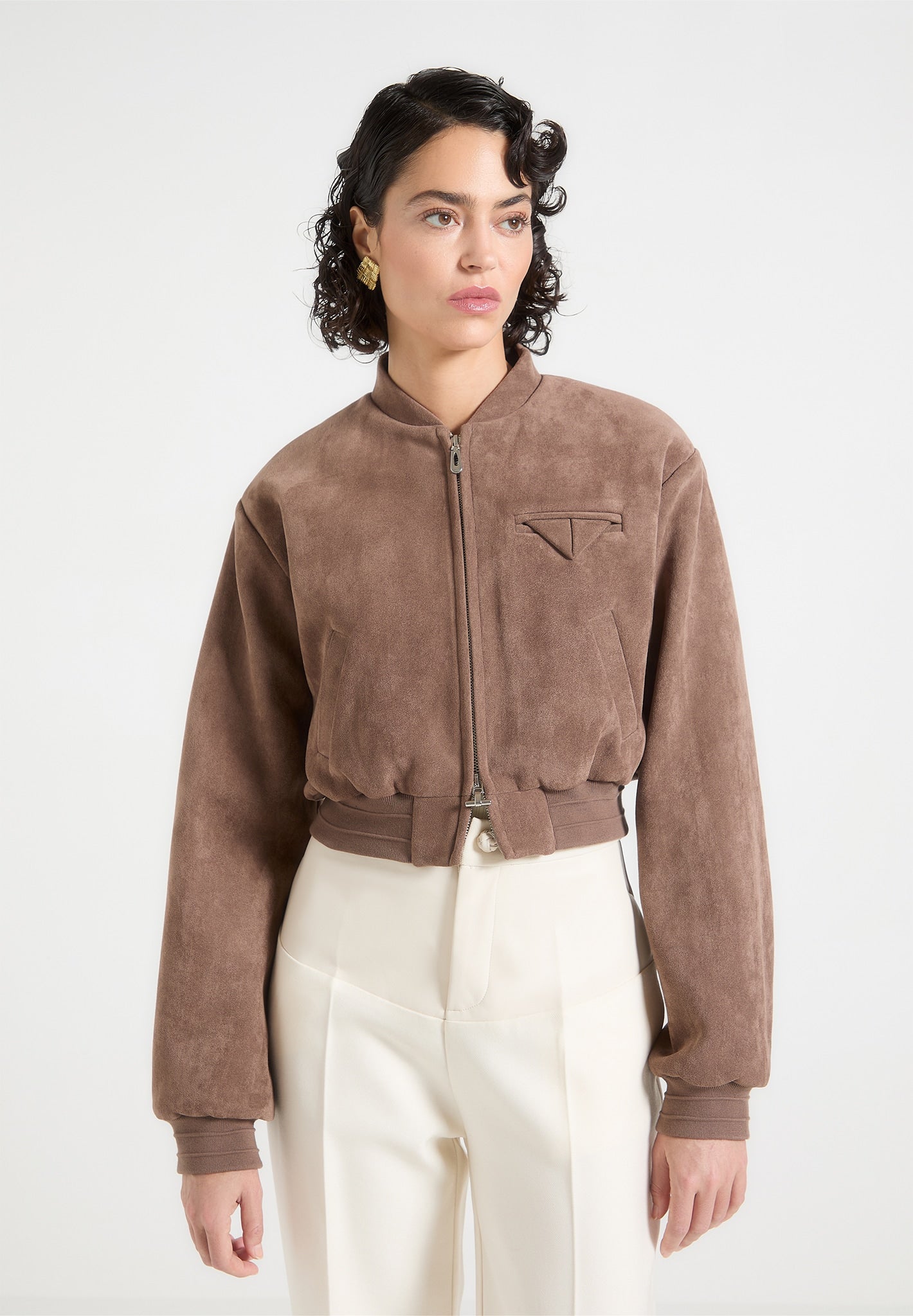 Bomberjacke aus Wildleder mit breiten Schultern - Taupe