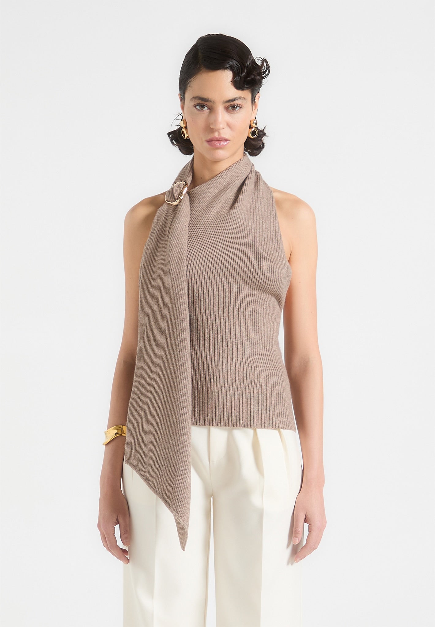 Gestricktes drapiertes Neckholder-Top - Taupe