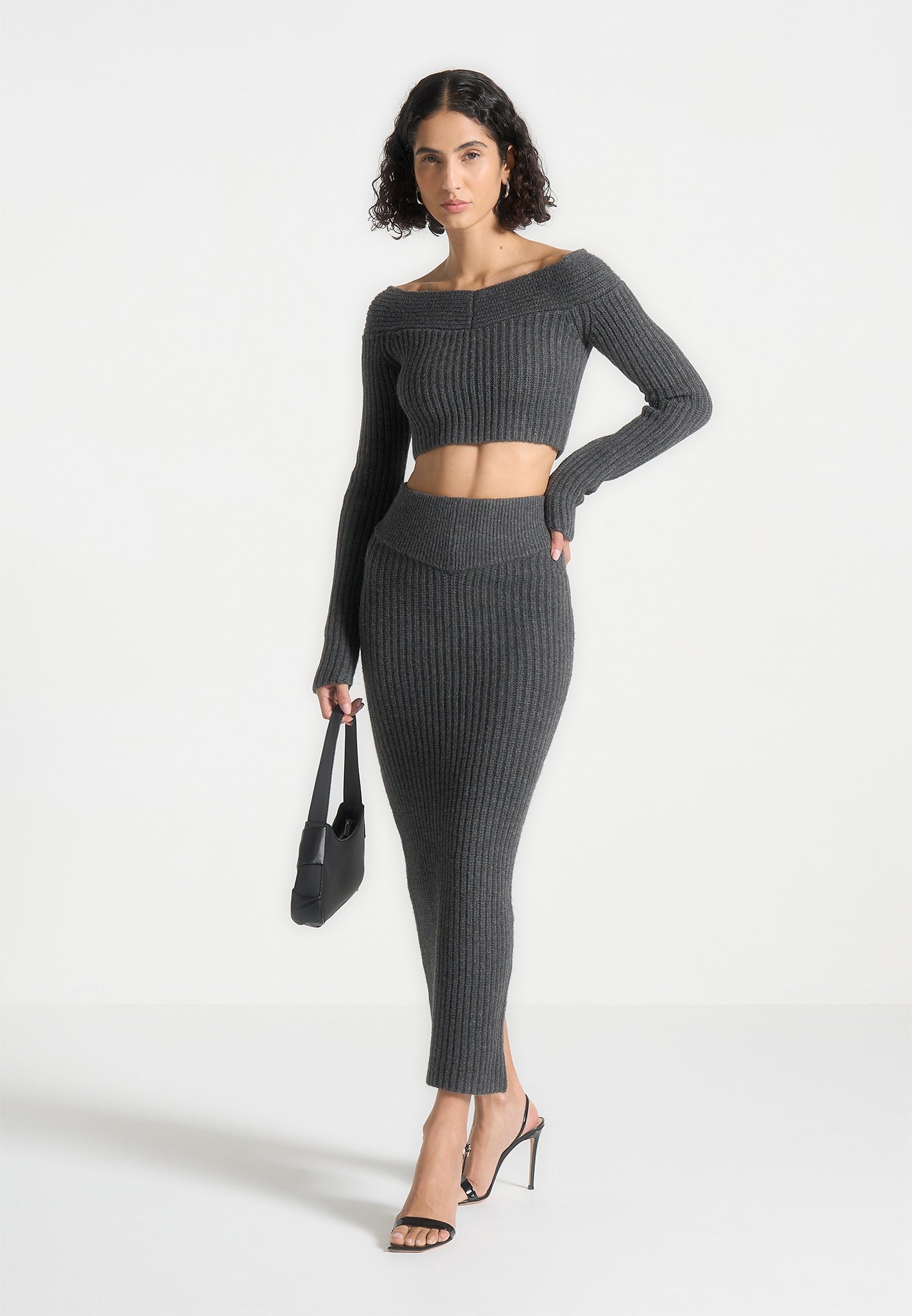 Schulterfreies Strick-Crop-Top - Graumeliert