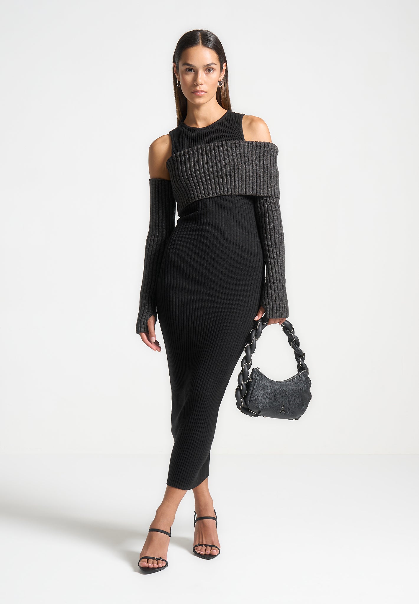 Overlay-Strick-Midaxi-Kleid - Schwarz/Grau