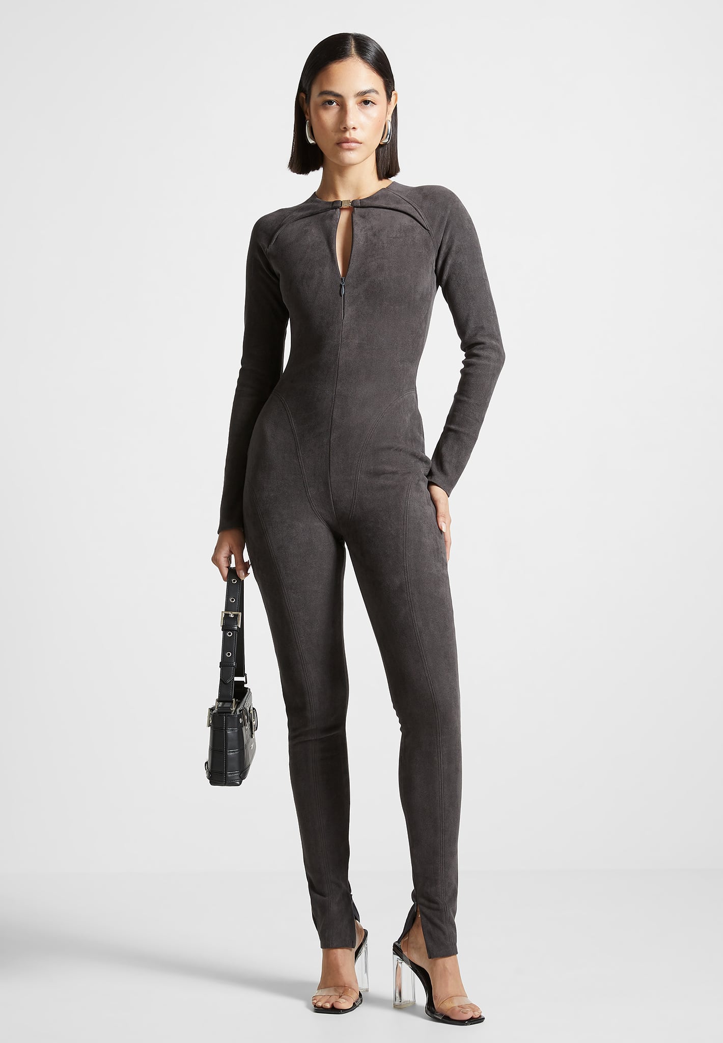 Jumpsuit aus veganem Wildleder – Dunkelgrau
