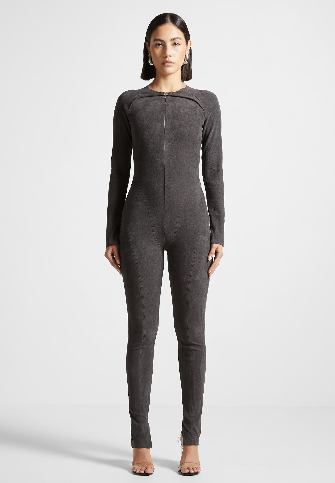 Jumpsuit aus veganem Wildleder – Dunkelgrau