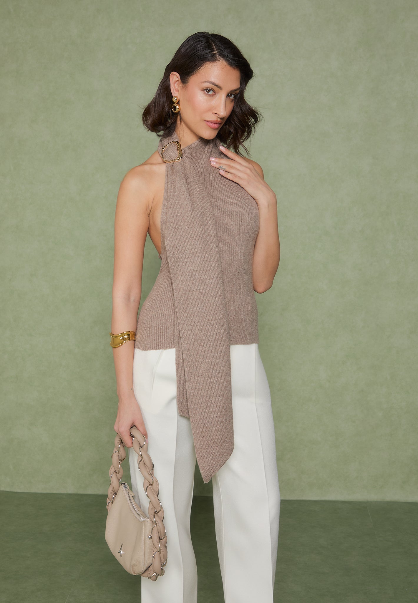 Gestricktes drapiertes Neckholder-Top - Taupe
