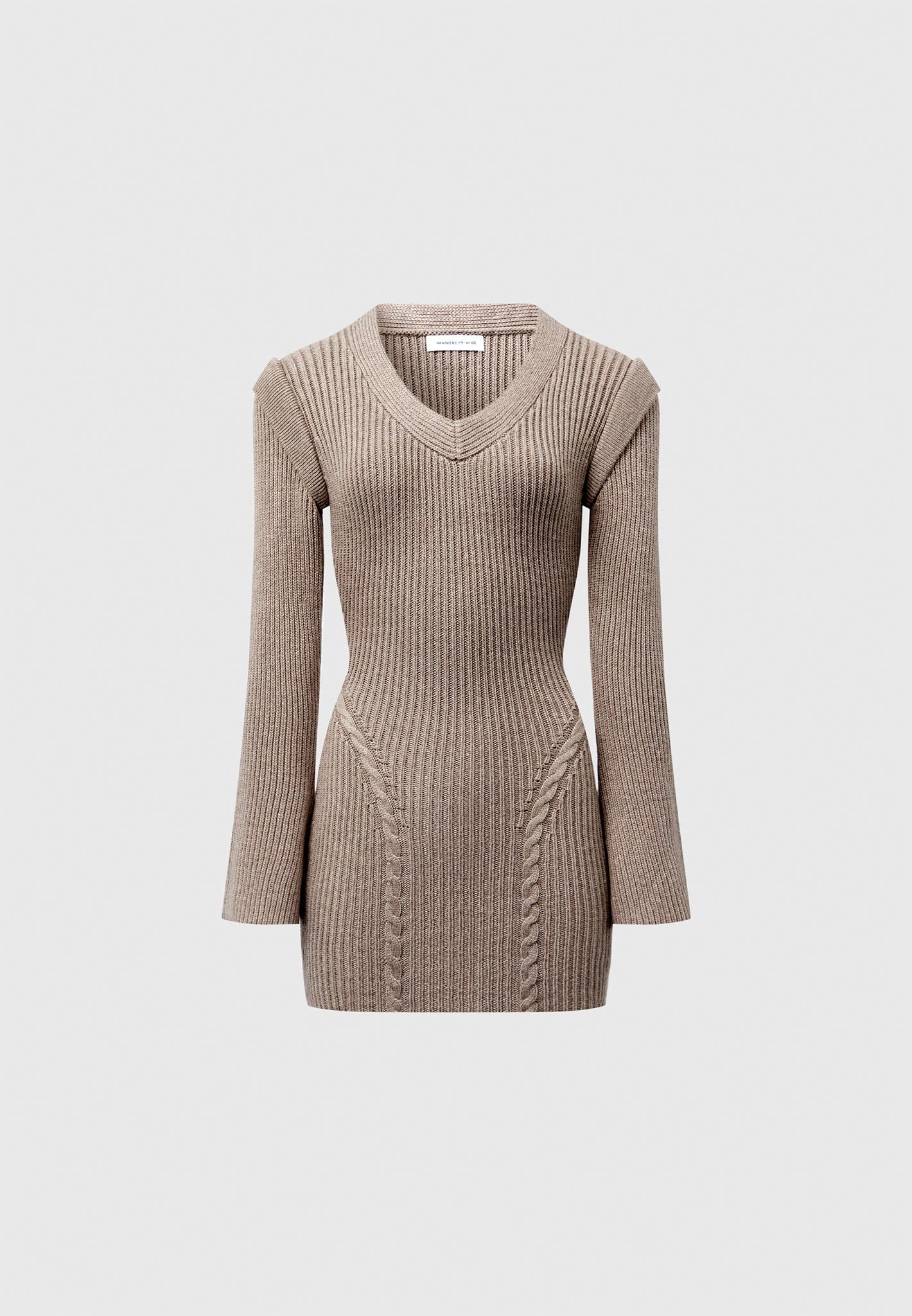 Strick-Minikleid mit weiten Schultern und Konturen - Taupe