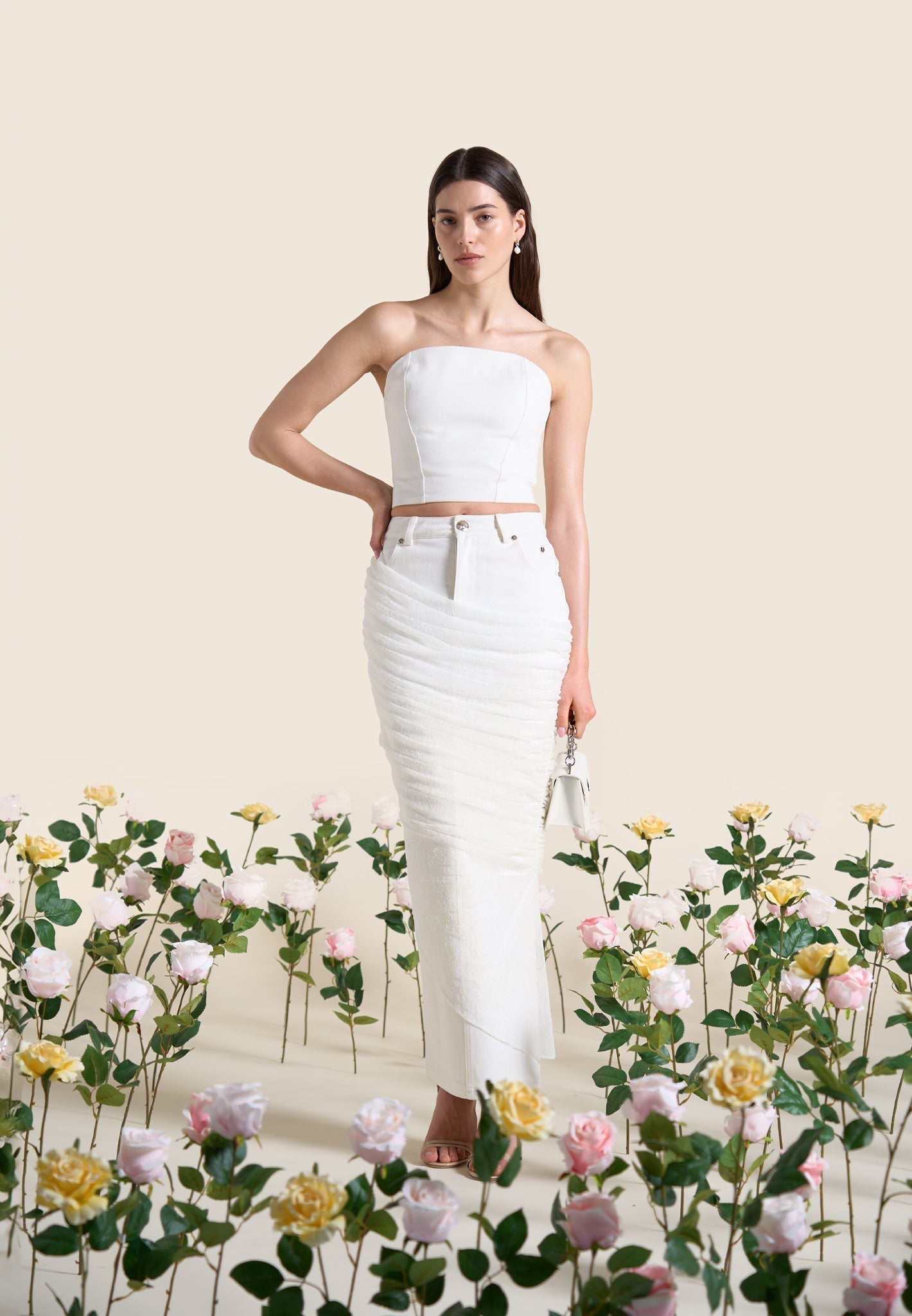 Drapierter Maxirock aus Mesh-Denim - Off White