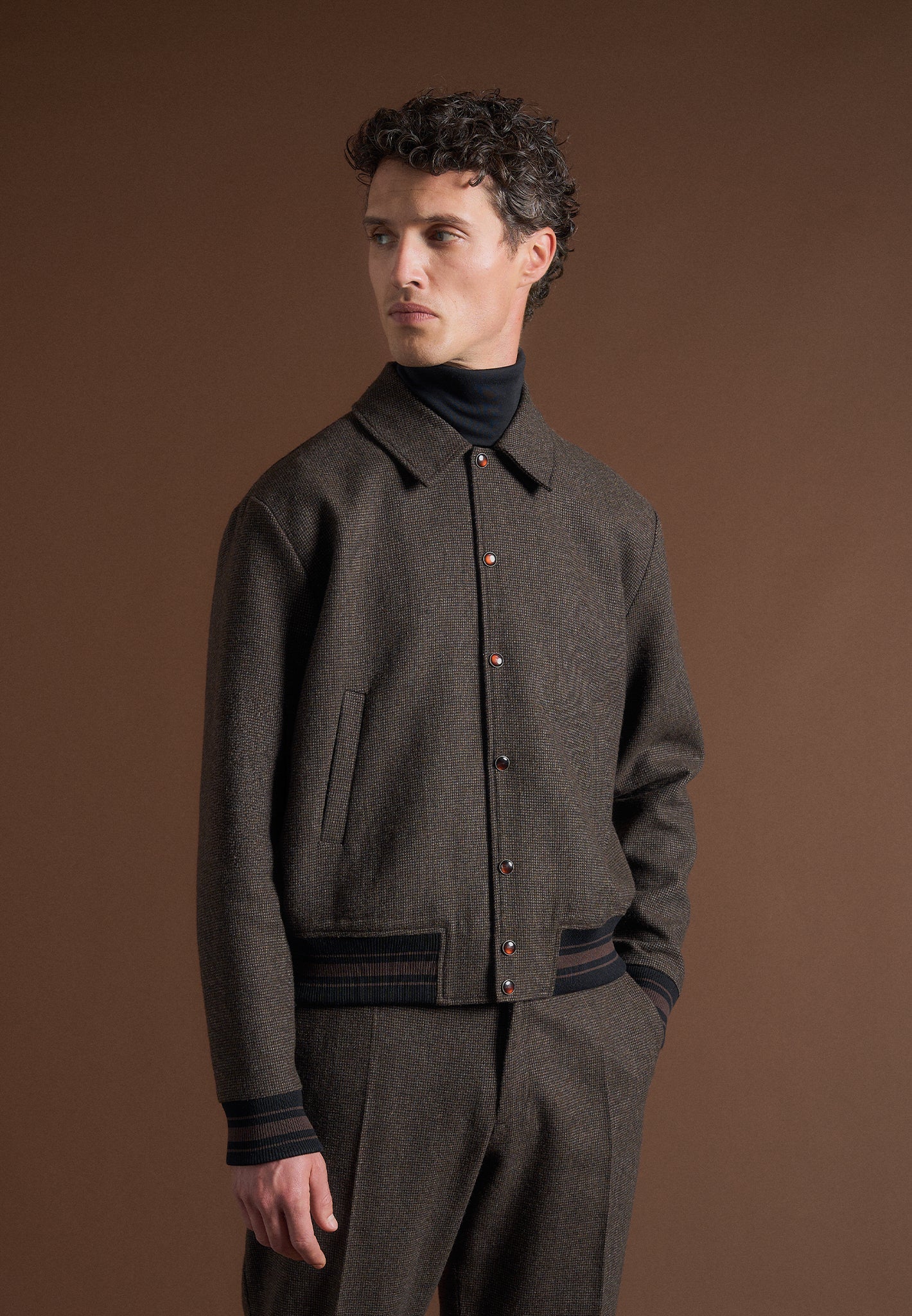 Jacke aus Wollmischung mit Hahnentrittmuster - Braun