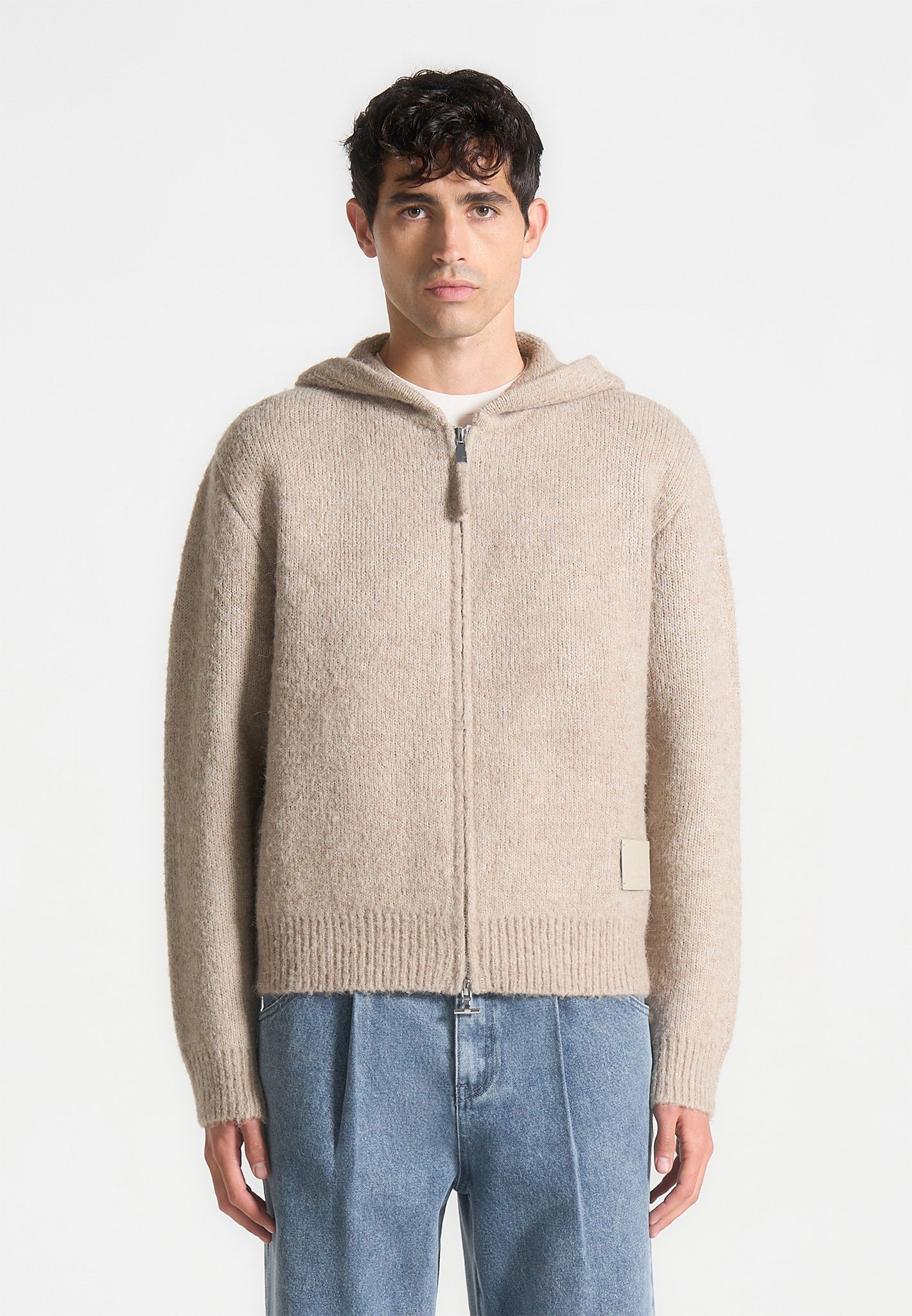 Kapuzenpullover aus Mohair-Mix mit durchgehendem Reißverschluss - Beige