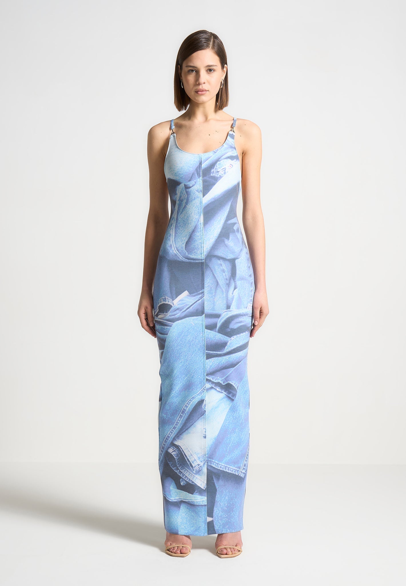 Maxikleid mit Denim-Effekt und Print - Blau