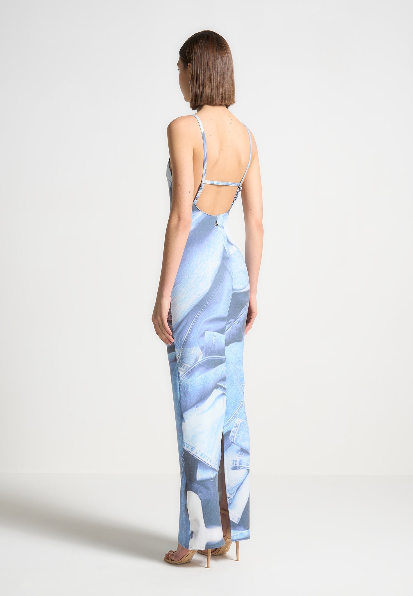 Maxikleid mit Denim-Effekt und Print - Blau