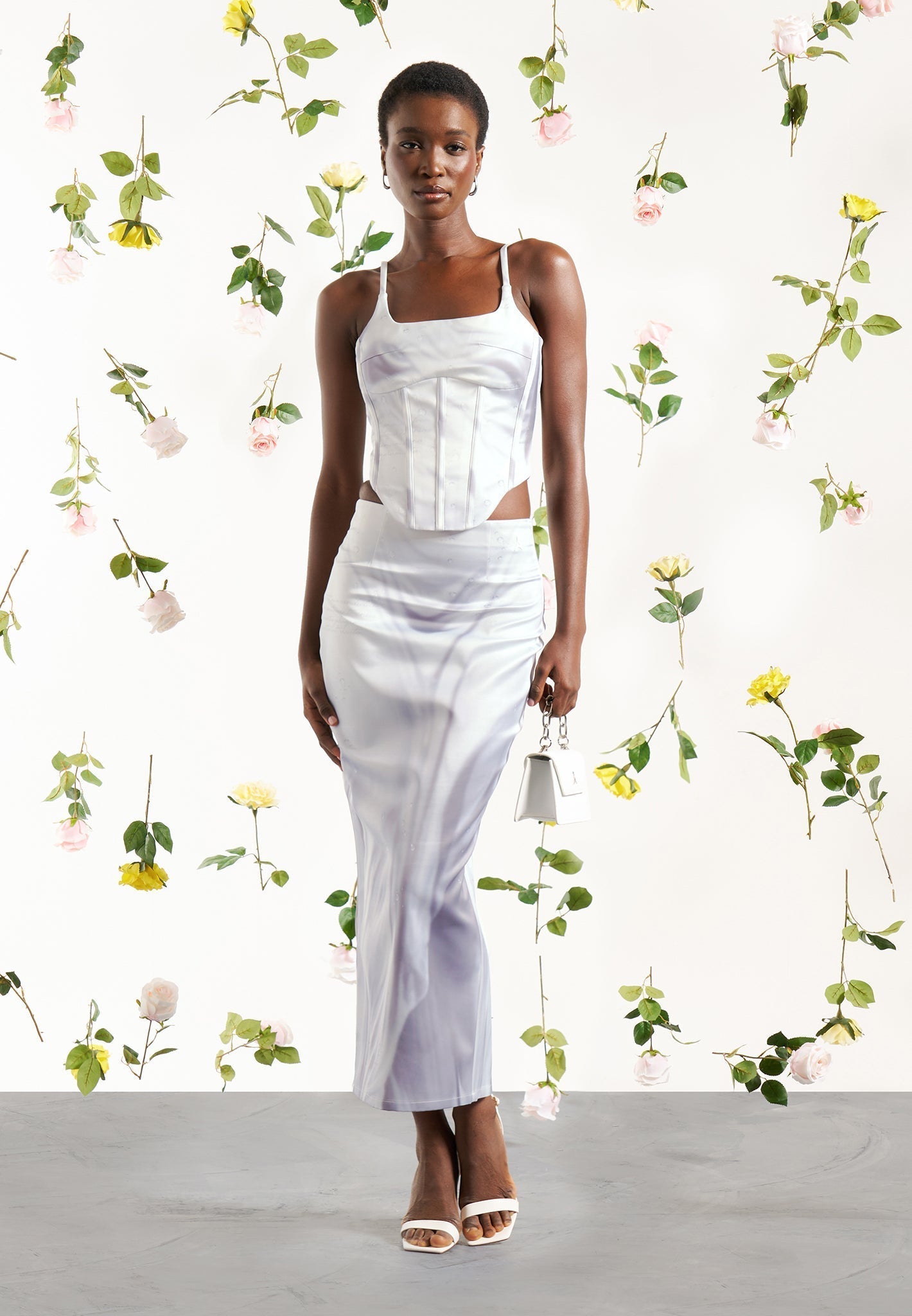 Satin Renaissance Body Print Midaxi Rock - Off White