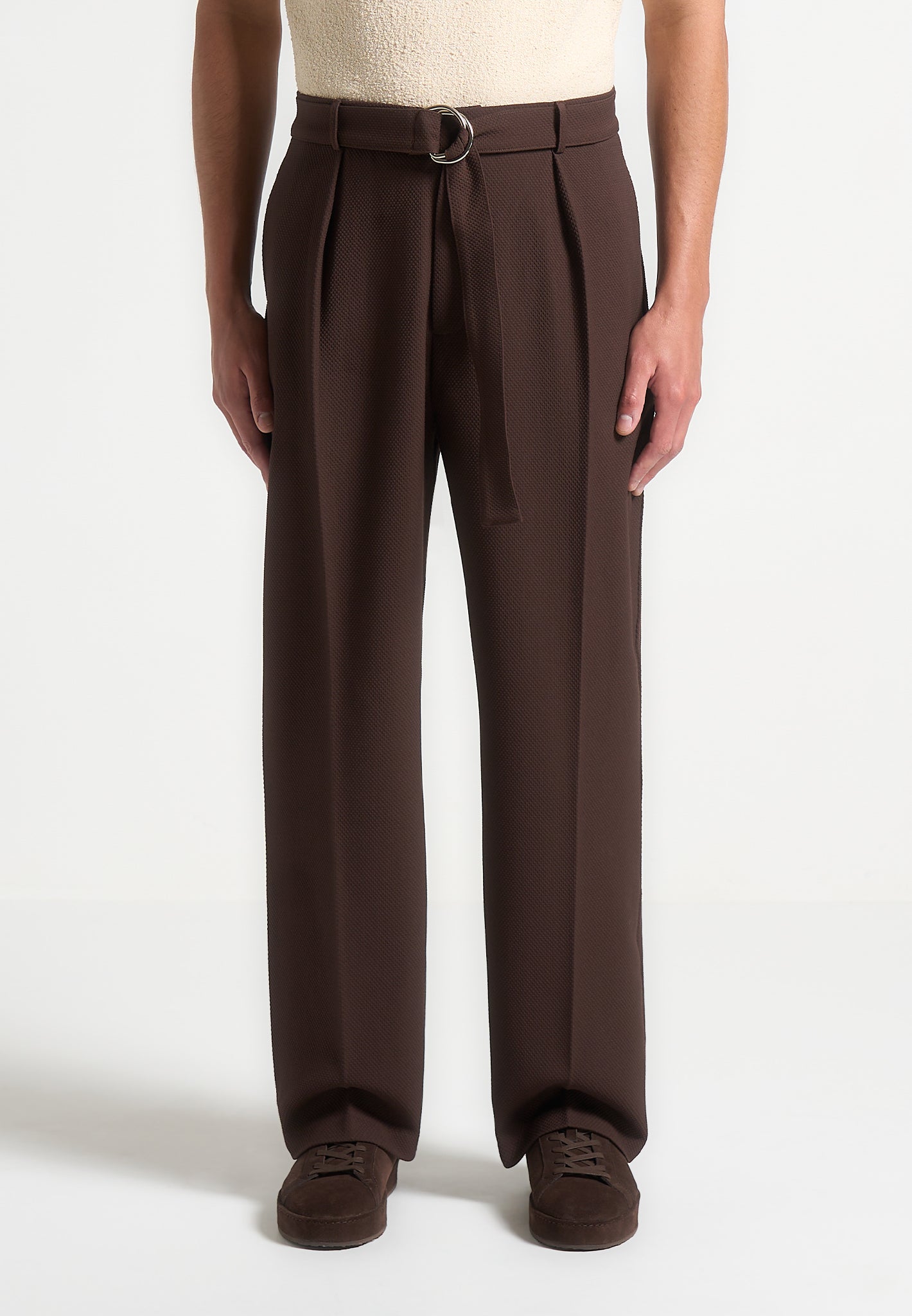 Relaxed Fit Strukturierte Tailoring-Hose mit Gürtel - Braun