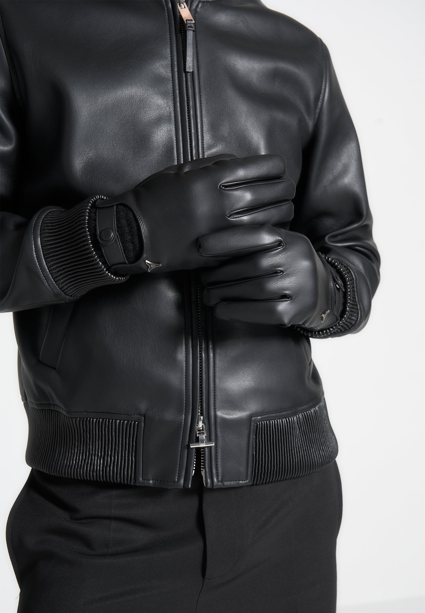 Handschuhe aus Leder und Rippstrick - Schwarz