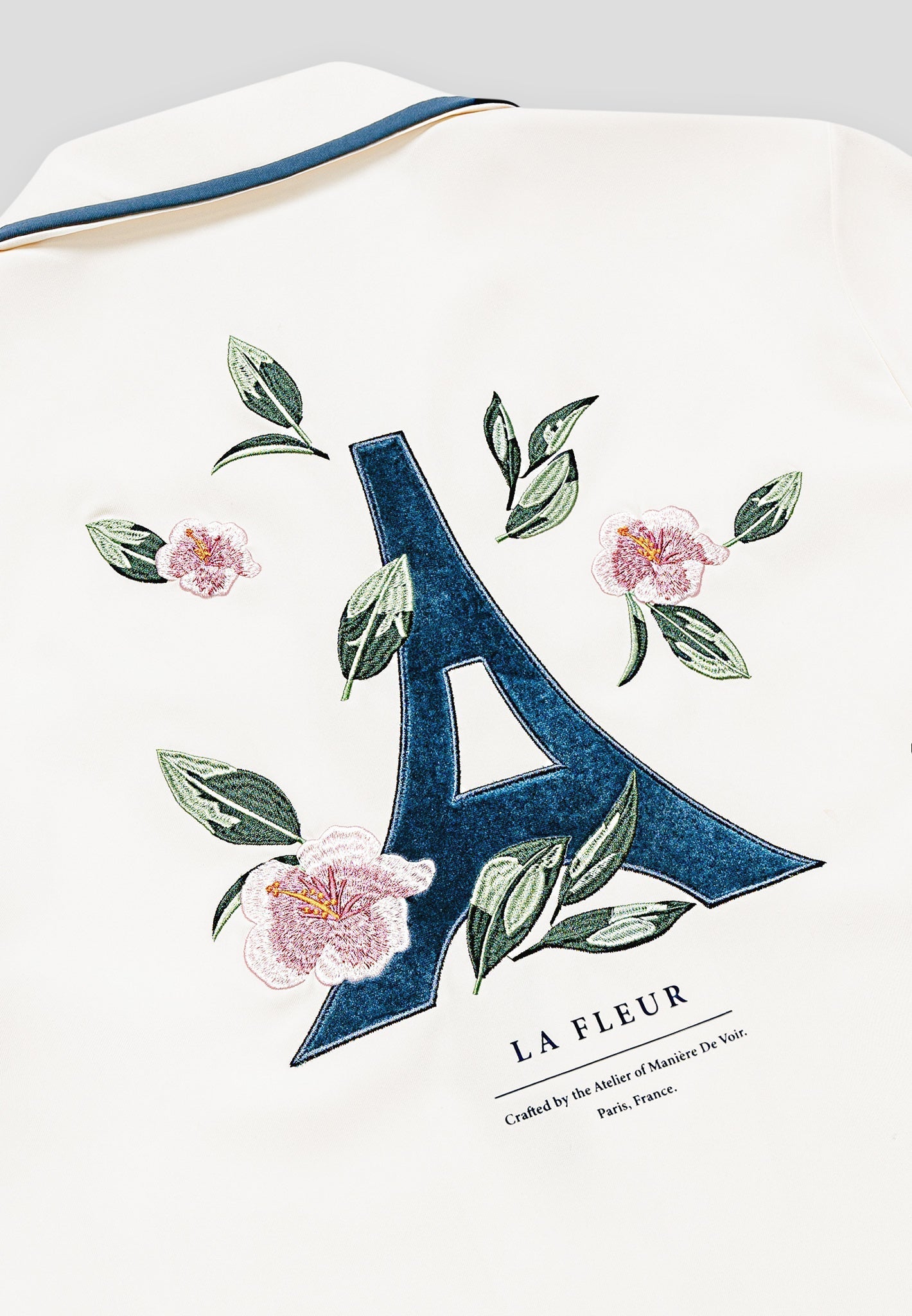 Bowlinghemd „Eiffel“ aus Samt – Creme/Blau
