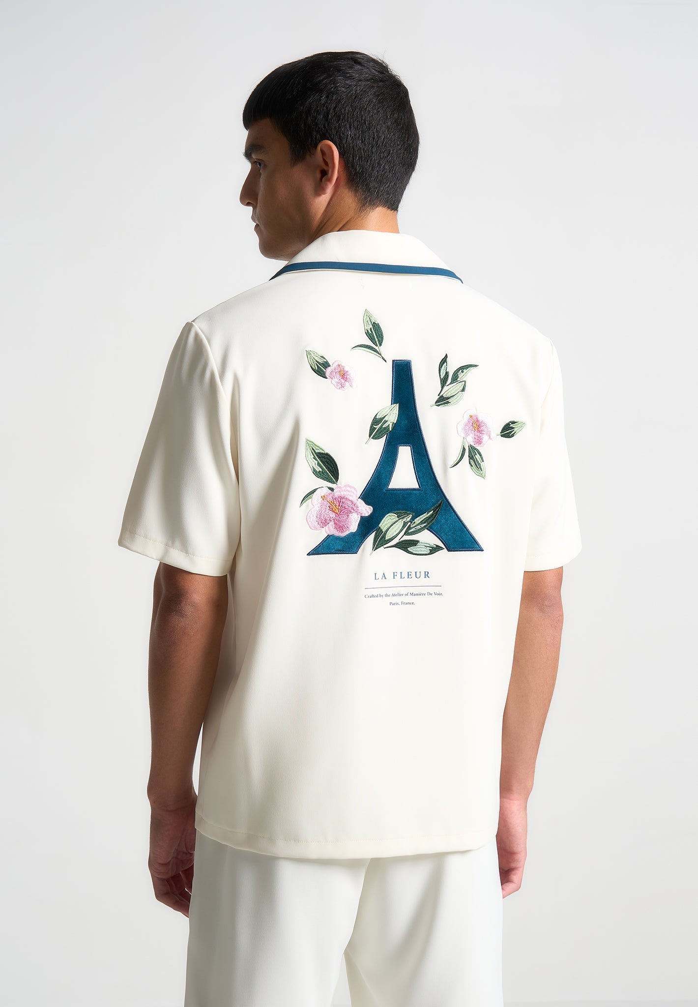 Bowlinghemd „Eiffel“ aus Samt – Creme/Blau