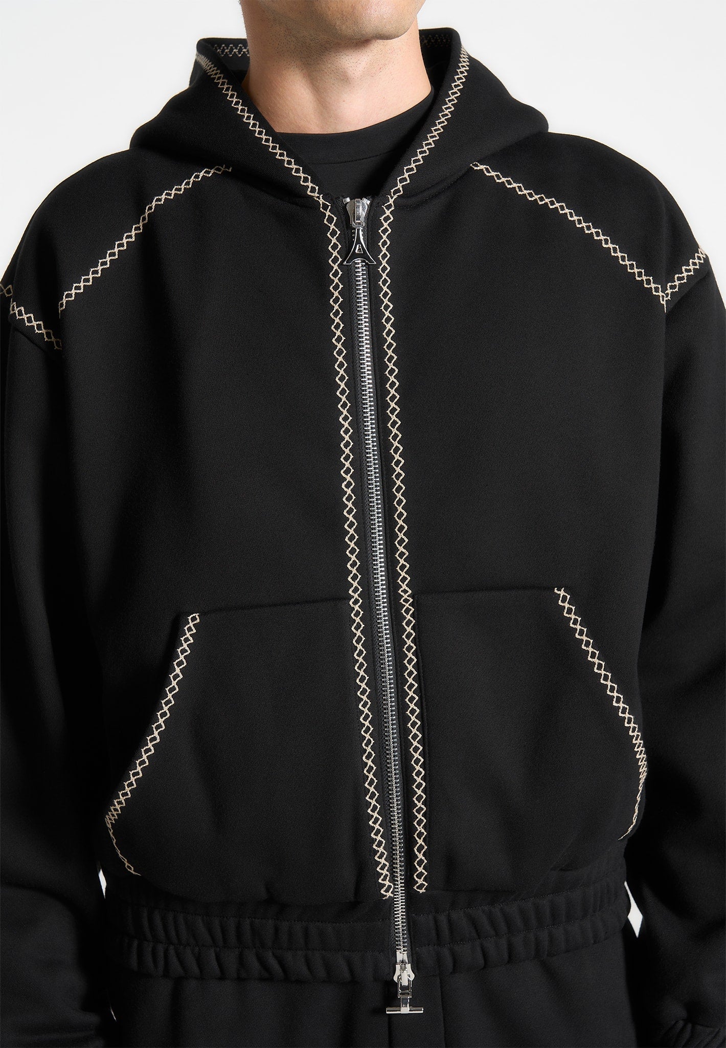 Whipstitch Raglan-Effekt Zip Hoodie - Schwarz