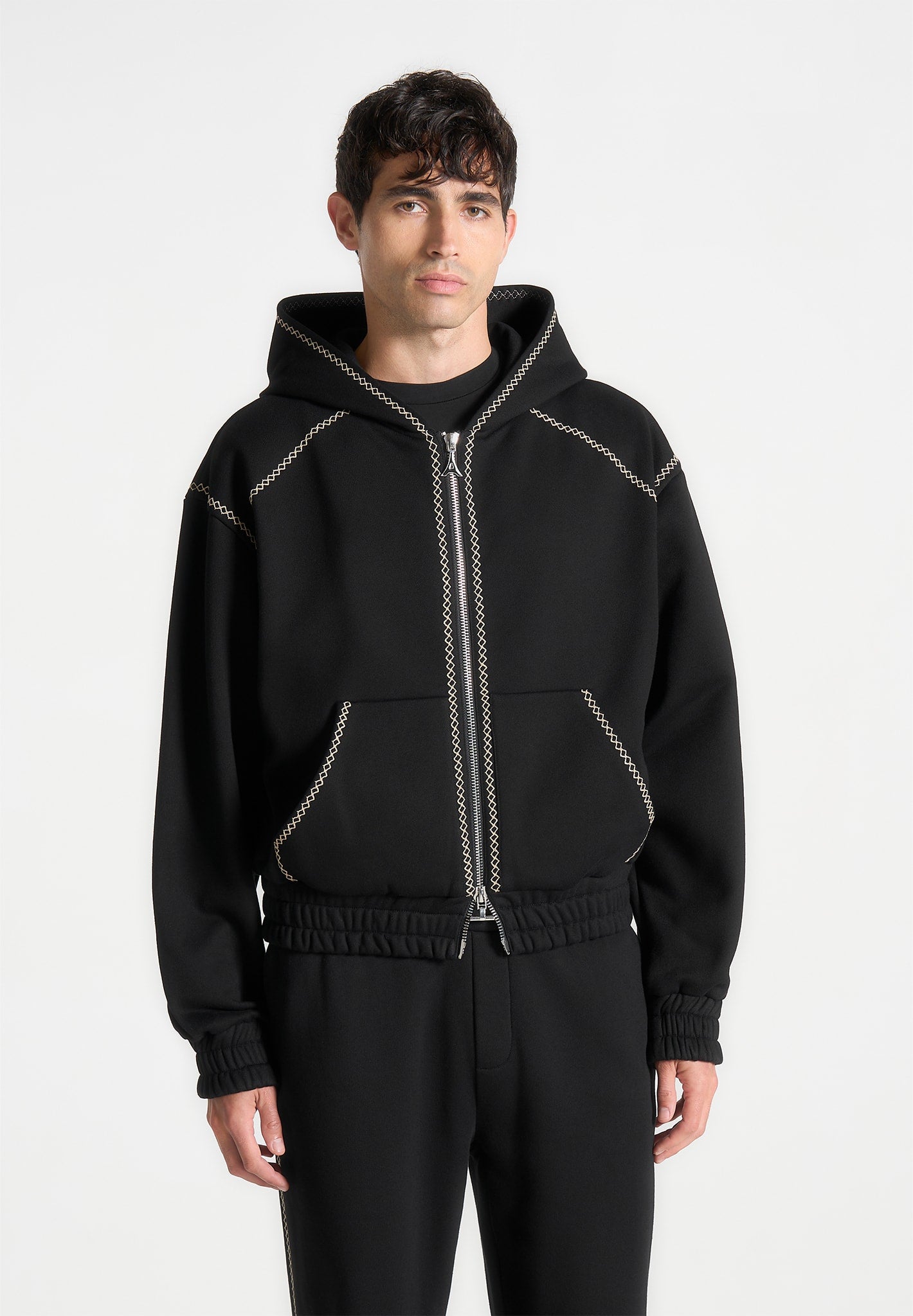 Whipstitch Raglan-Effekt Zip Hoodie - Schwarz