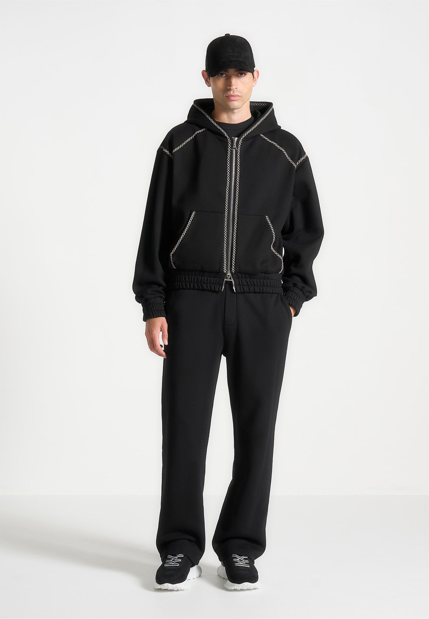 Whipstitch Raglan-Effekt Zip Hoodie - Schwarz