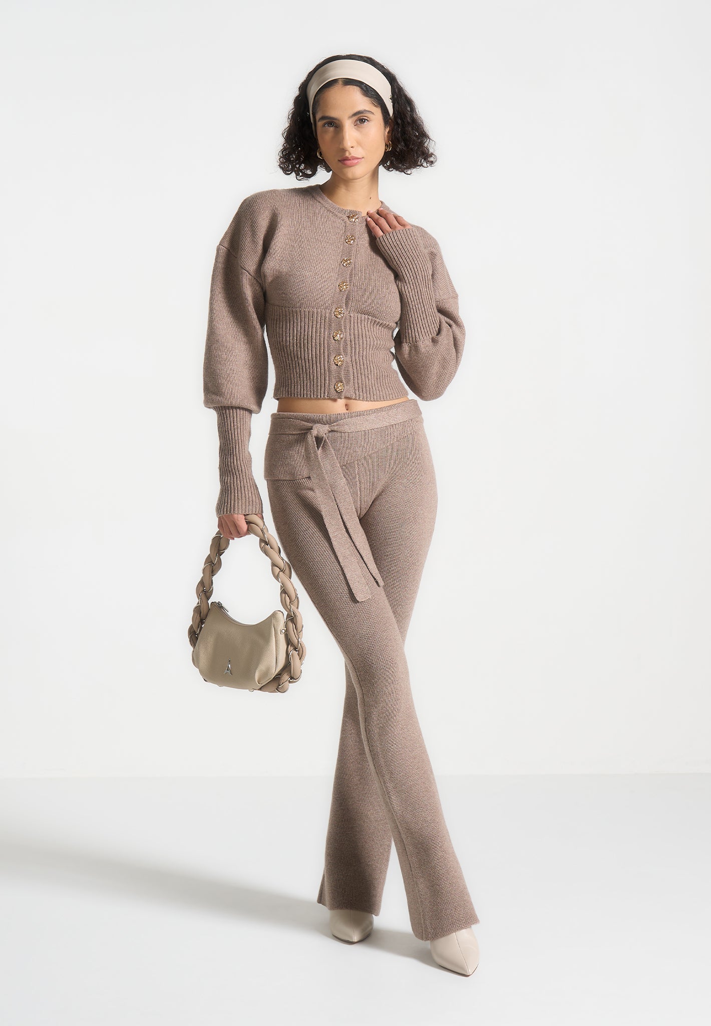 Gestrickter Cardigan mit Cinch-Taille - Taupe
