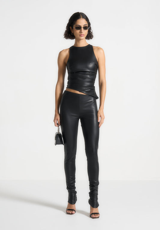 Asymmetrisches Racer-Top aus Leder mit Nähten - Schwarz