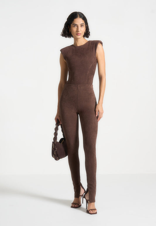 Wildleder-Bodysuit mit weiten Schultern - Braun