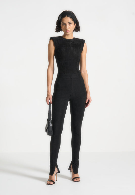 Wildleder-Bodysuit mit weiten Schultern - Schwarz