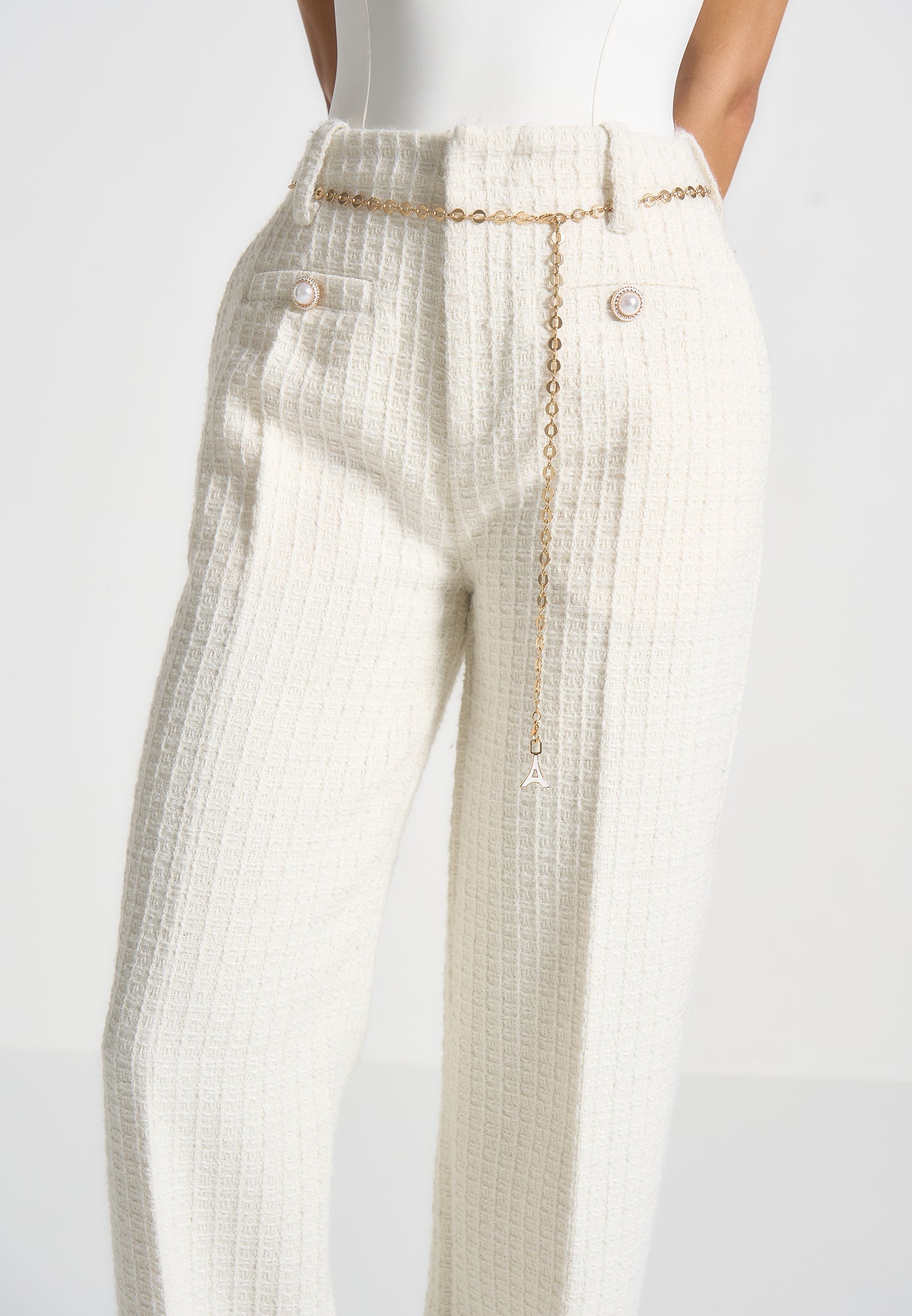 Tweedhose mit Gürtel - Creme