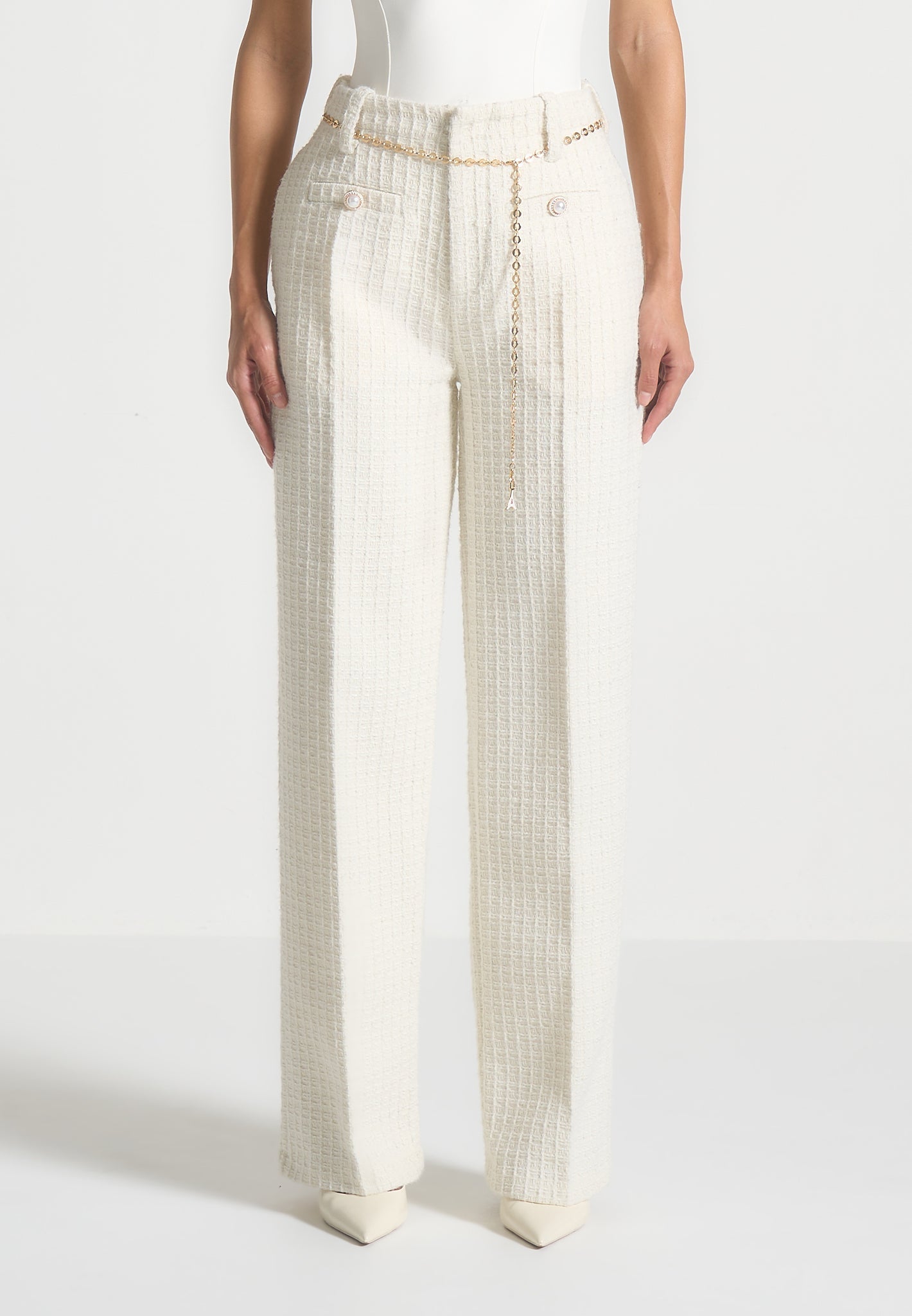 Tweedhose mit Gürtel - Creme