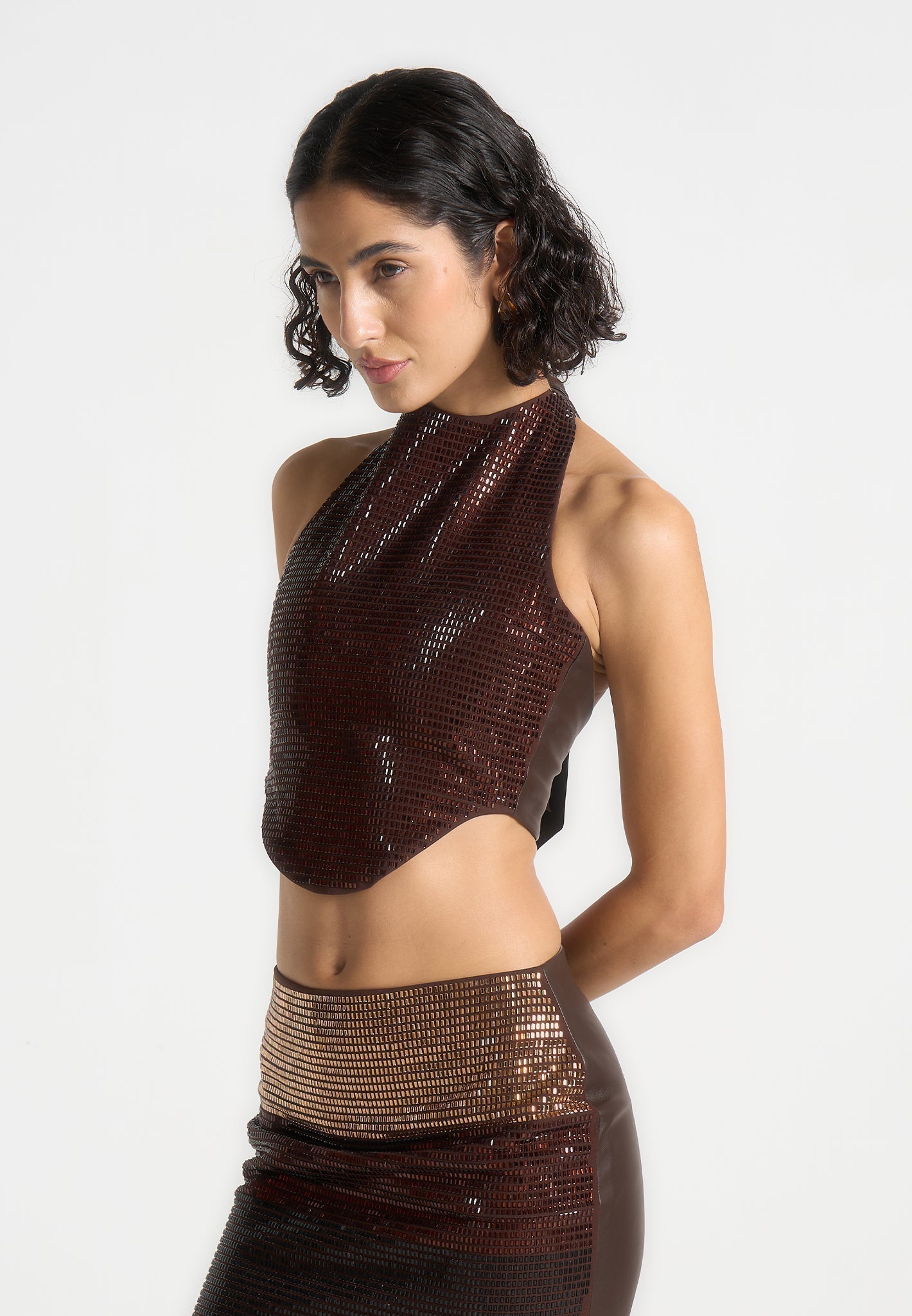 Neckholder-Top mit Strass-Ombré-Muster – Braun/Gold