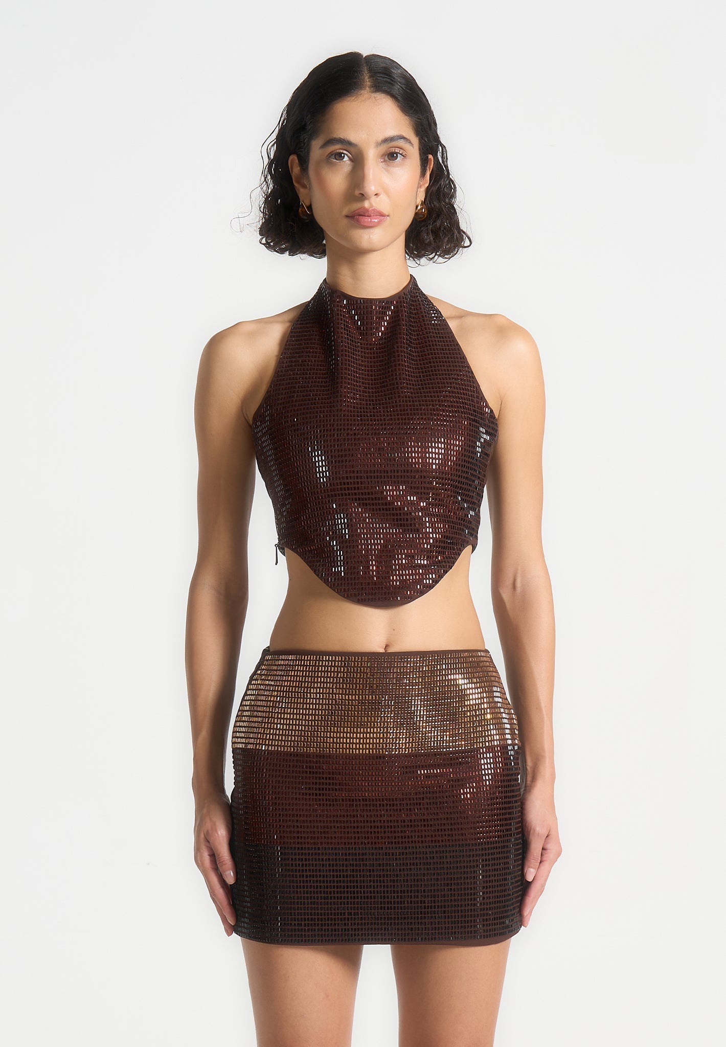 Neckholder-Top mit Strass-Ombré-Muster – Braun/Gold
