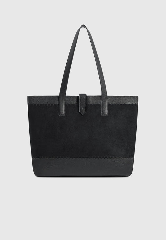 Tote Bag aus Wildleder und gekrispeltem Leder mit Überwendlingsstich - Schwarz 