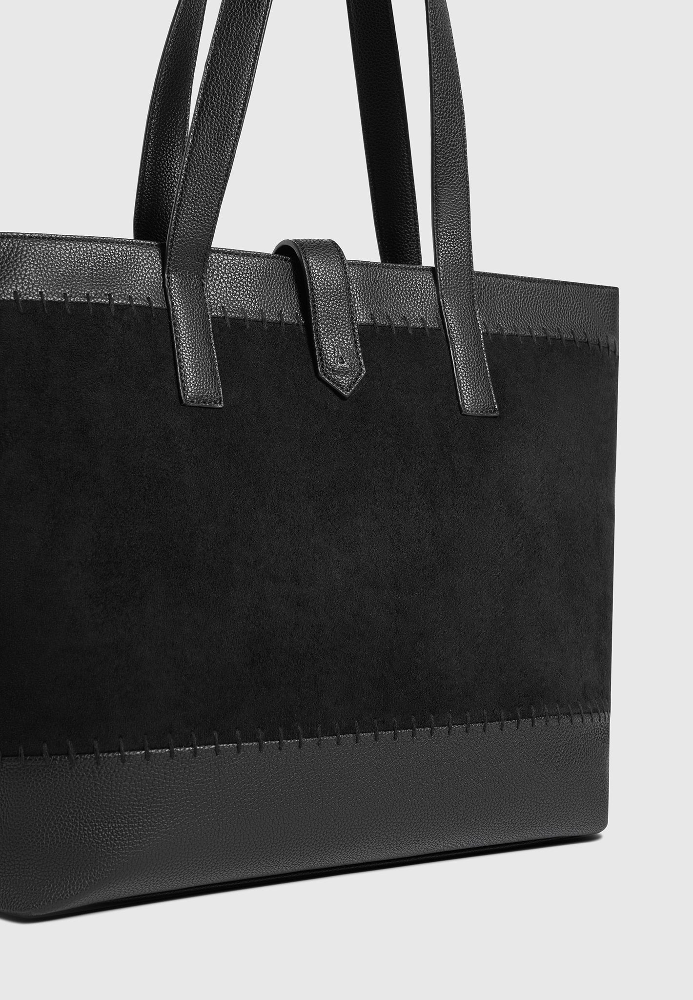 Tote Bag aus Wildleder und gekrispeltem Leder mit Überwendlingsstich - Schwarz 