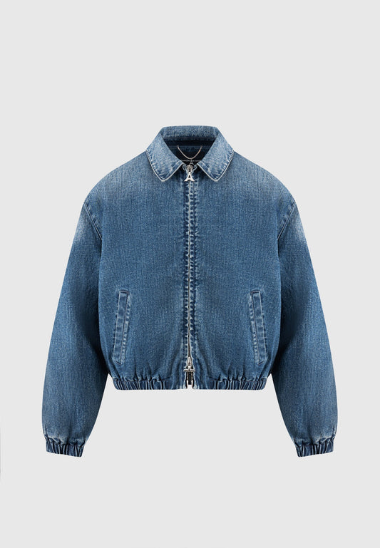 Gepolsterte, kurze Bomberjacke aus Denim - Mittelblau
