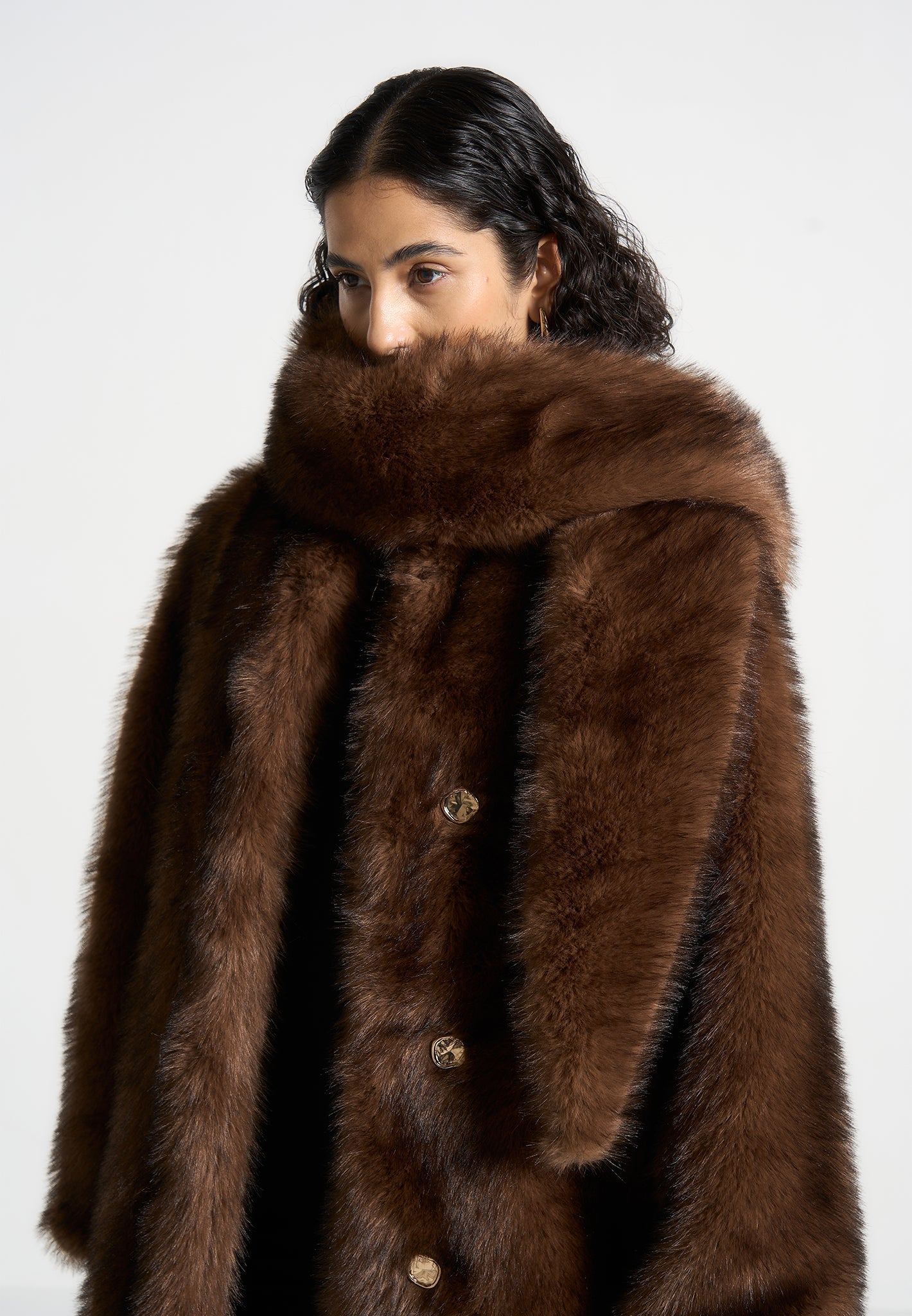 Pelz-Oversize-Mantel mit Schal - Braun