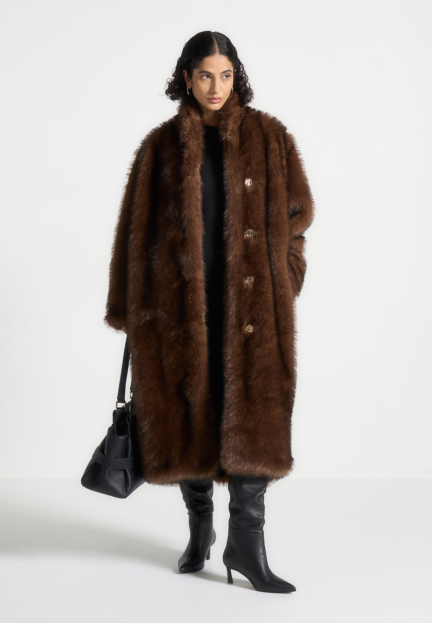 Pelz-Oversize-Mantel mit Schal - Braun