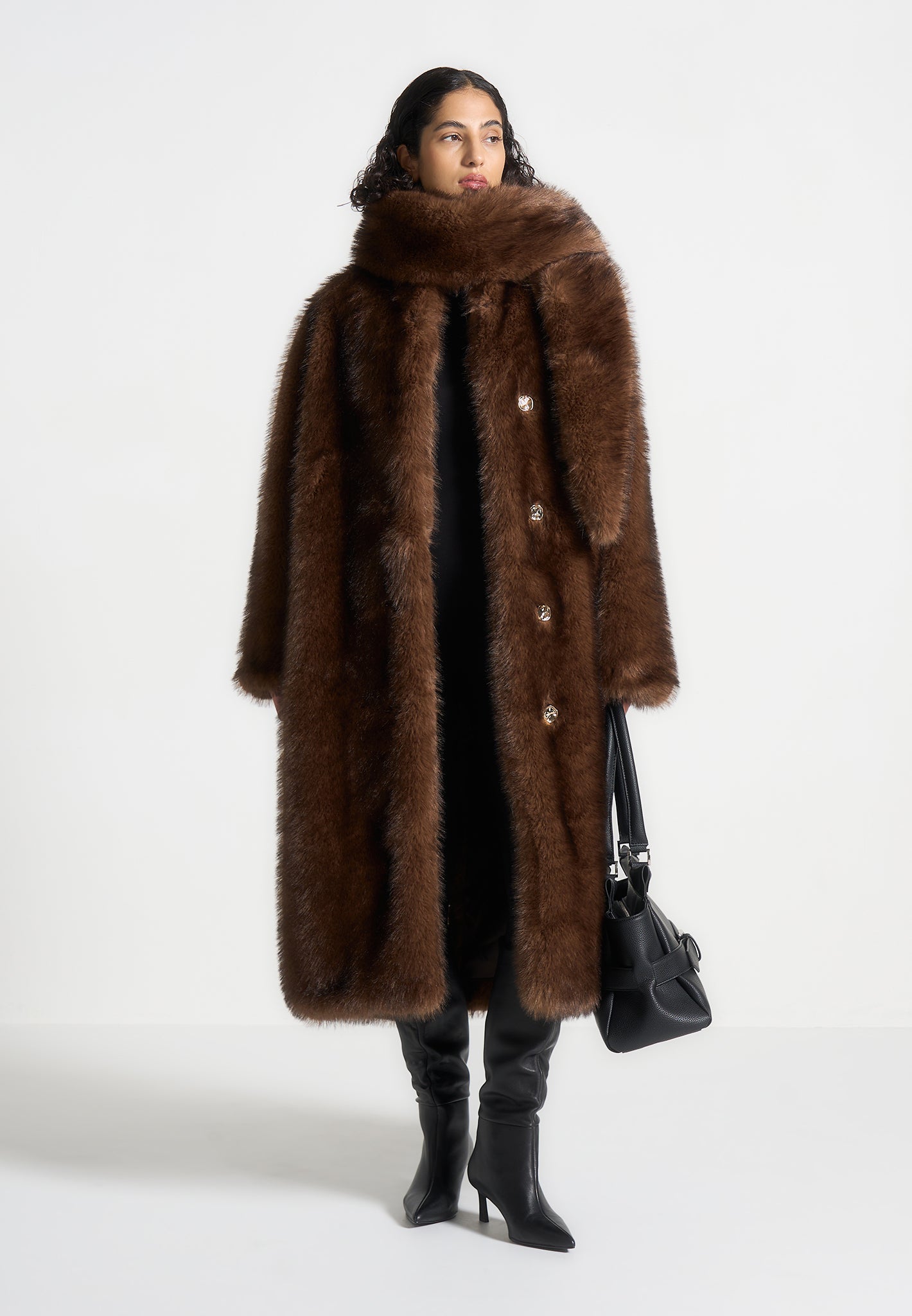 Pelz-Oversize-Mantel mit Schal - Braun
