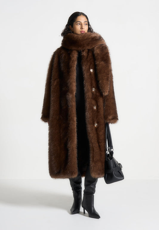 Pelz-Oversize-Mantel mit Schal - Braun