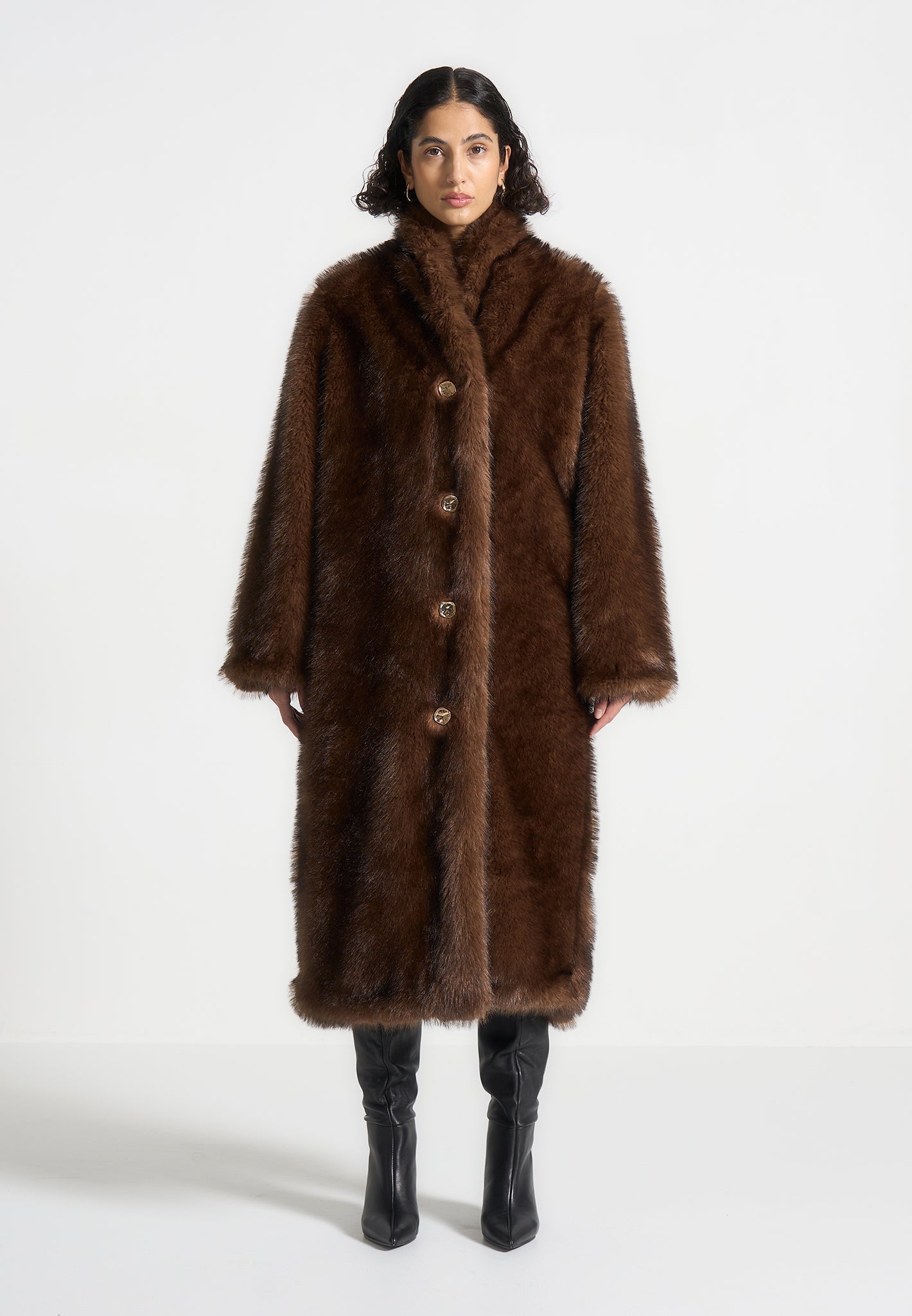 Pelz-Oversize-Mantel mit Schal - Braun